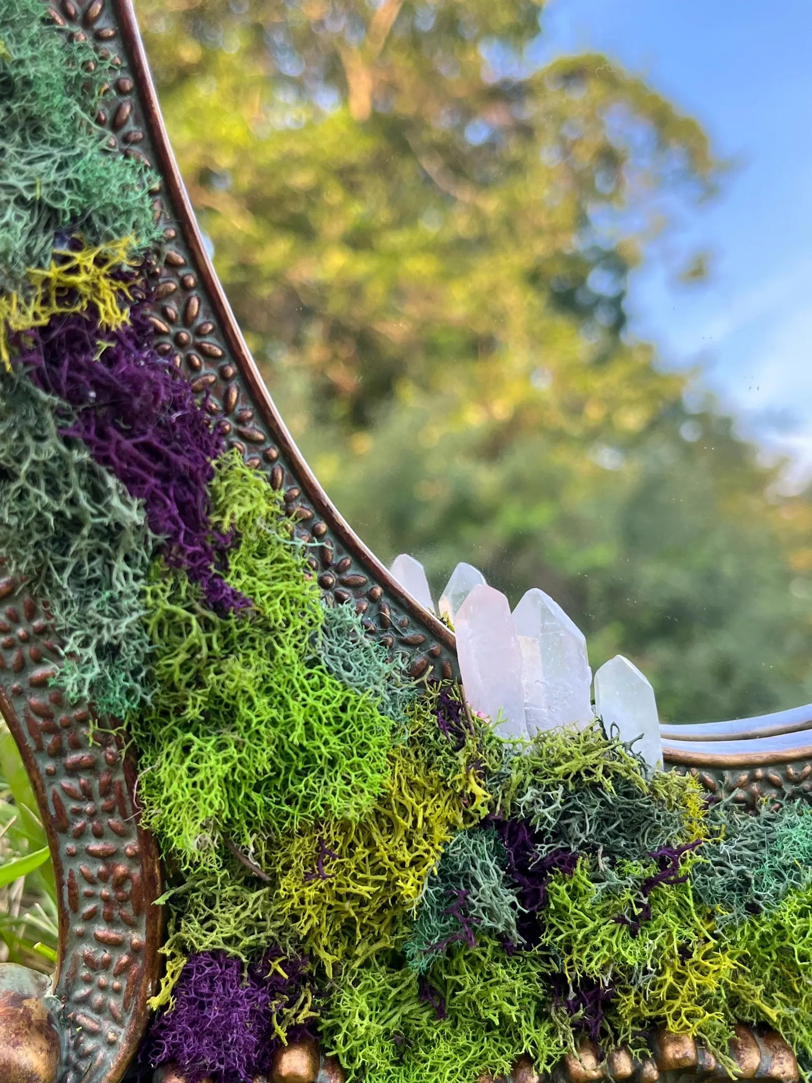 Fairycore Mossy Mirror with Crystals and Shells – Enchanted Home Accent