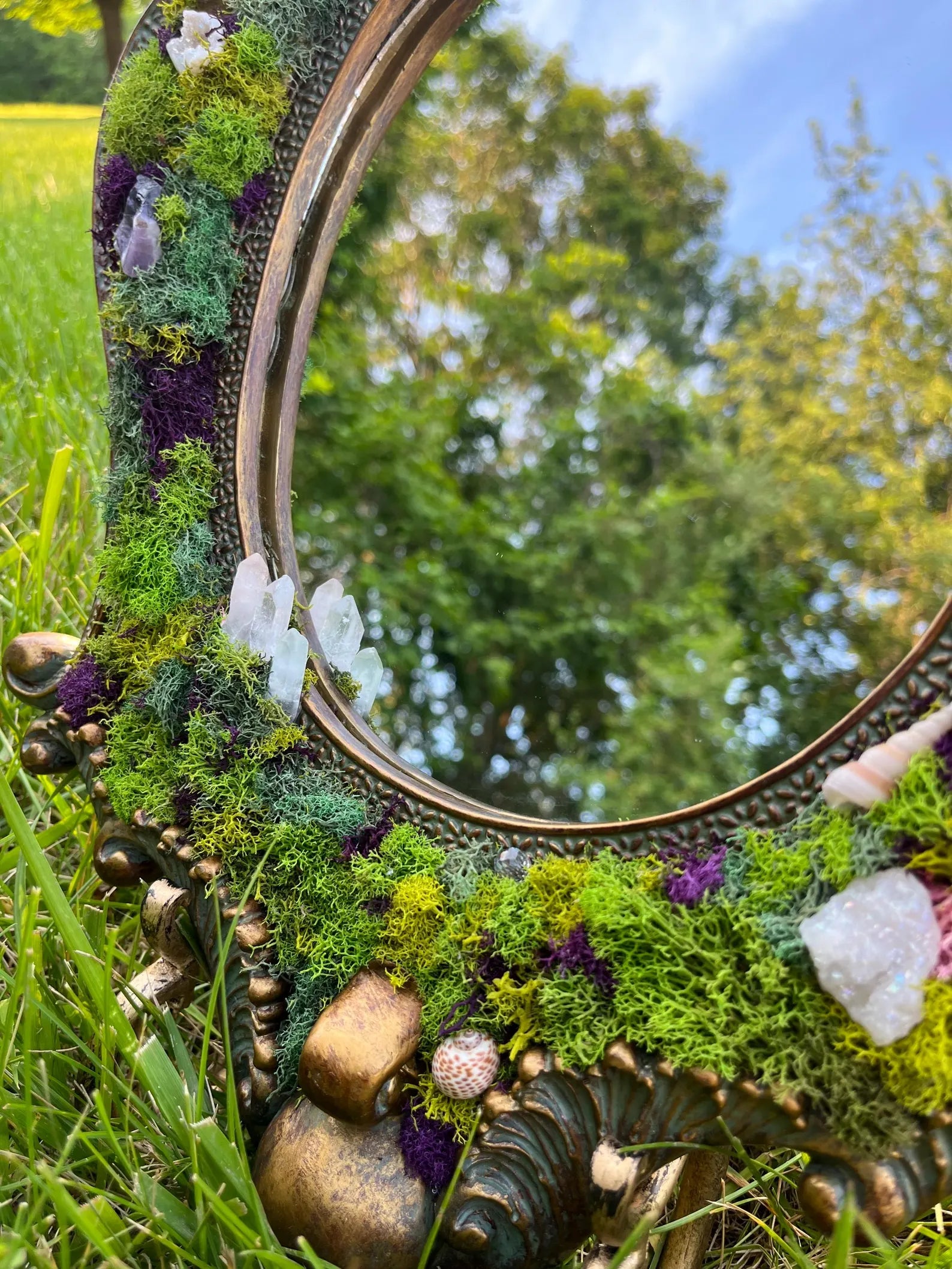 Fairycore Mossy Mirror with Crystals and Shells – Enchanted Home Accent