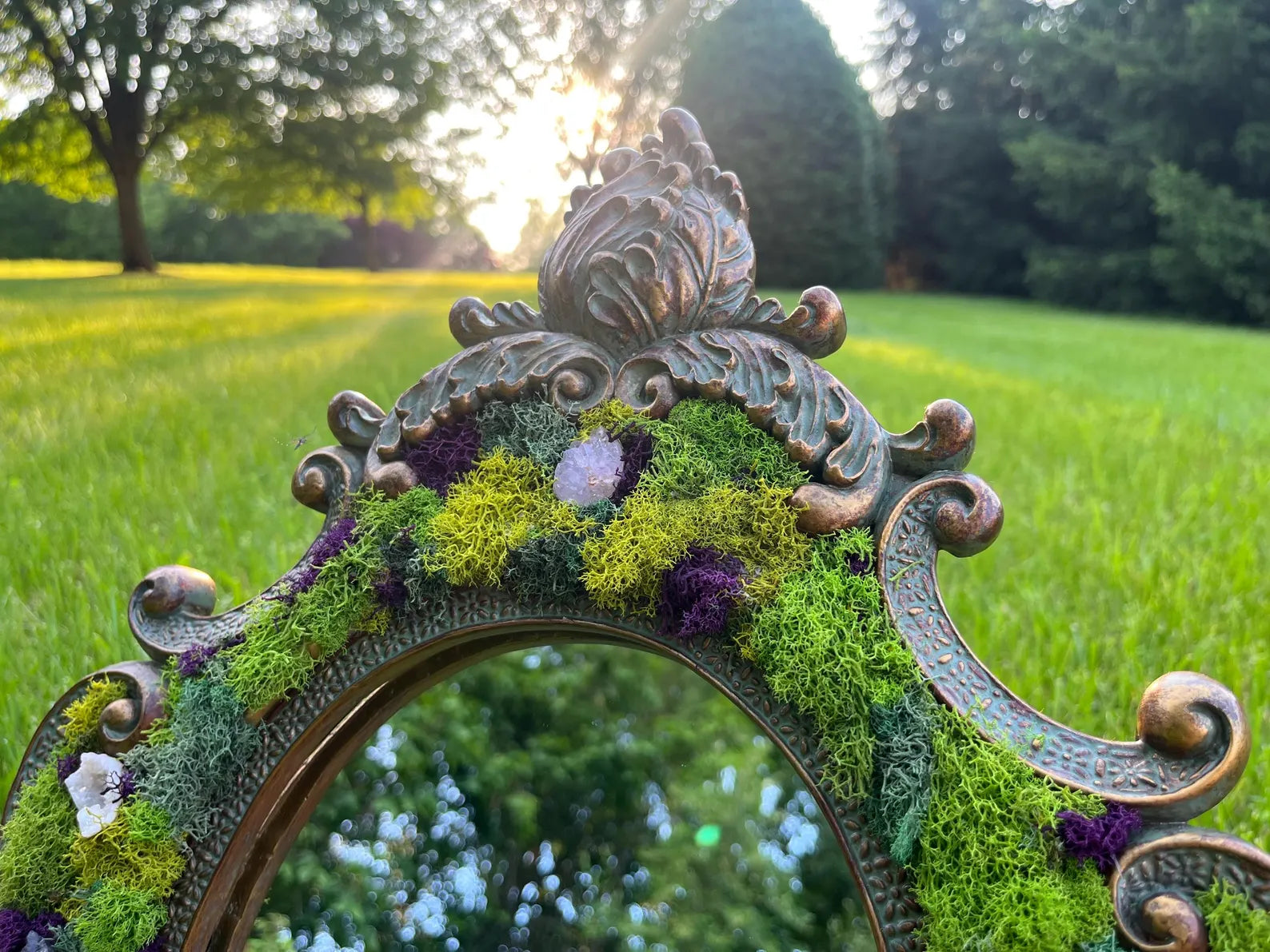 Fairycore Mossy Mirror with Crystals and Shells – Enchanted Home Accent