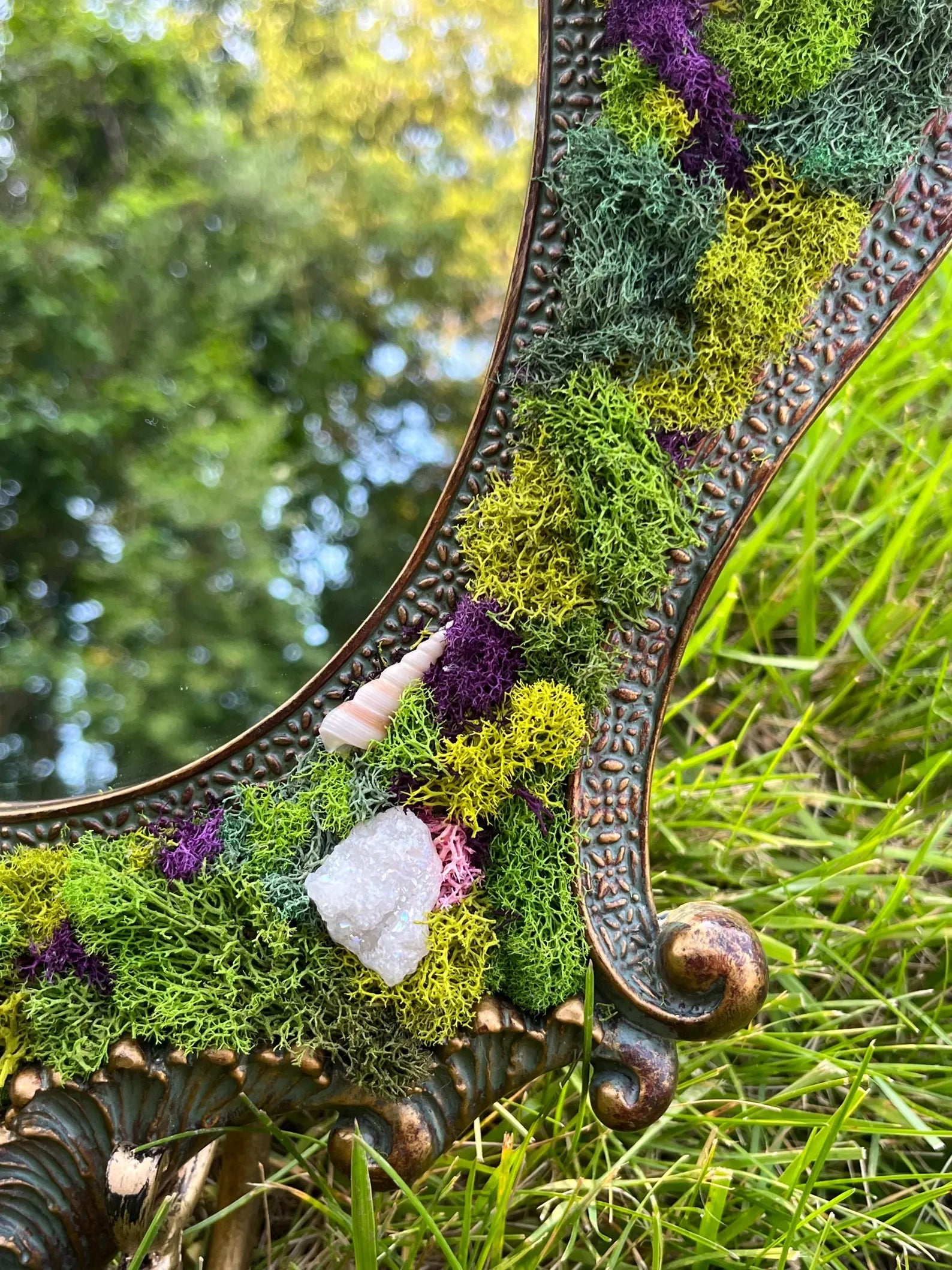 Fairycore Mossy Mirror with Crystals and Shells – Enchanted Home Accent