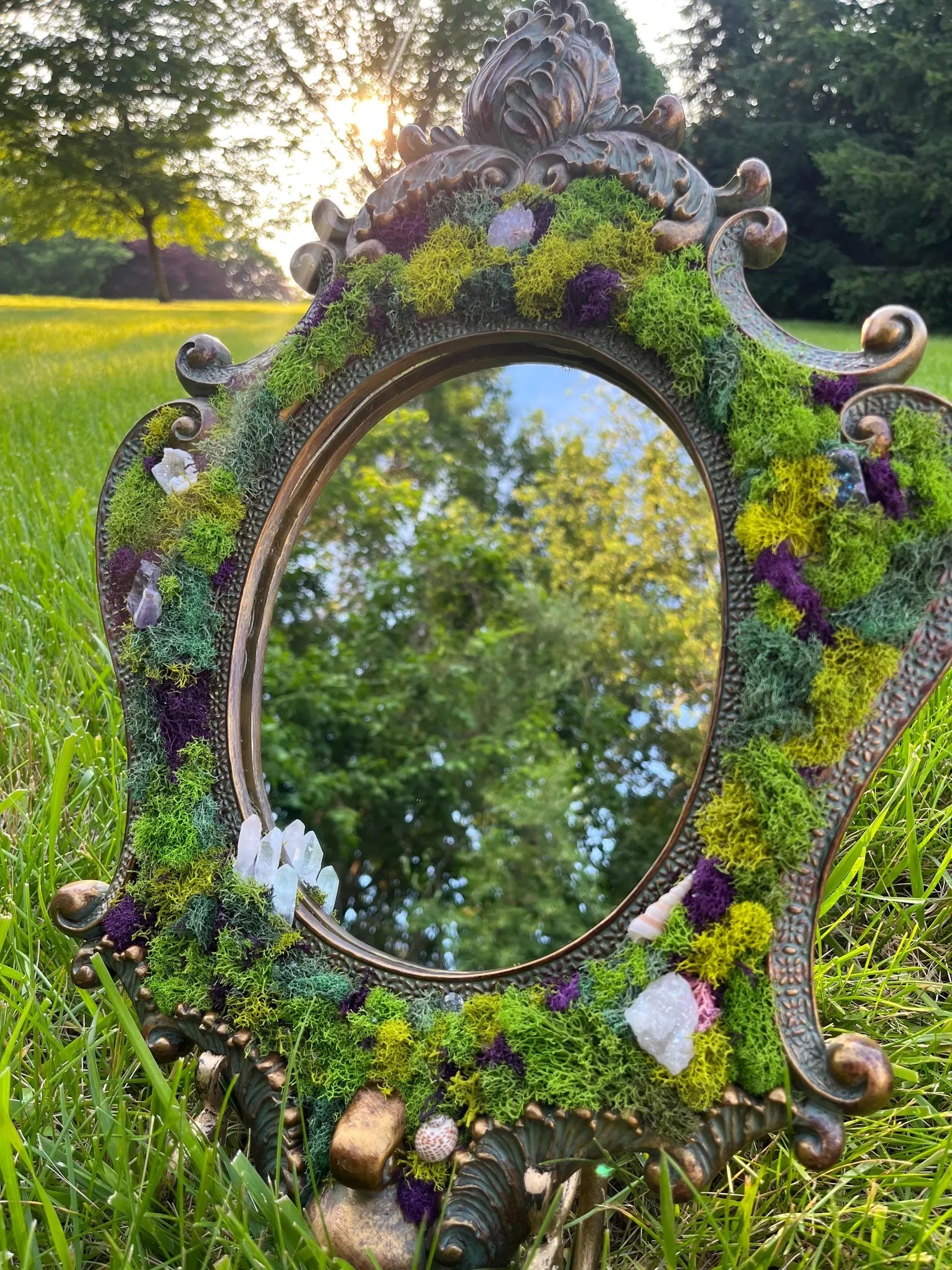 Fairycore Mossy Mirror with Crystals and Shells – Enchanted Home Accent