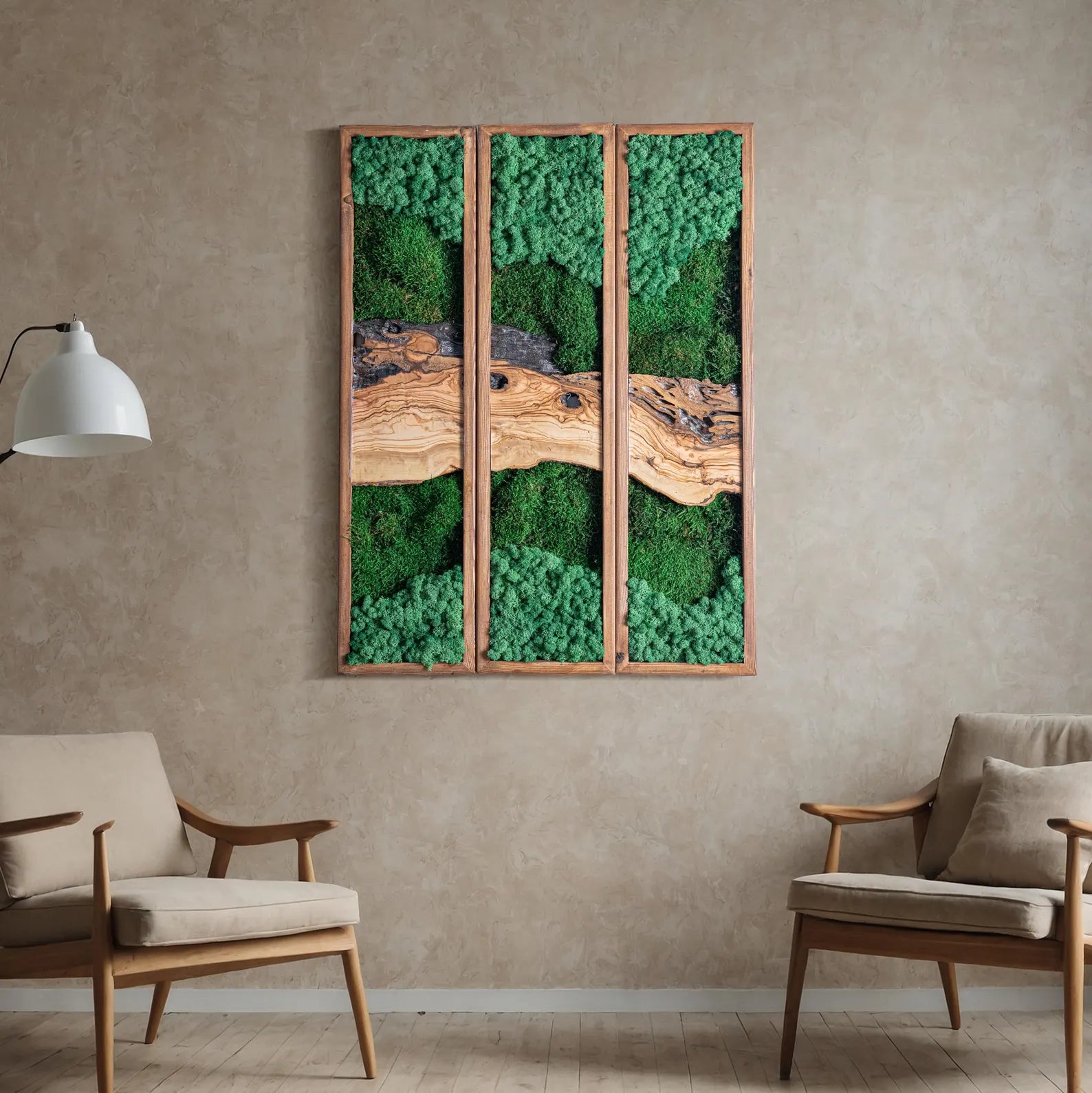 Preserved Moss Wall Triptych: Vertical Nature Decor with Olive Wood