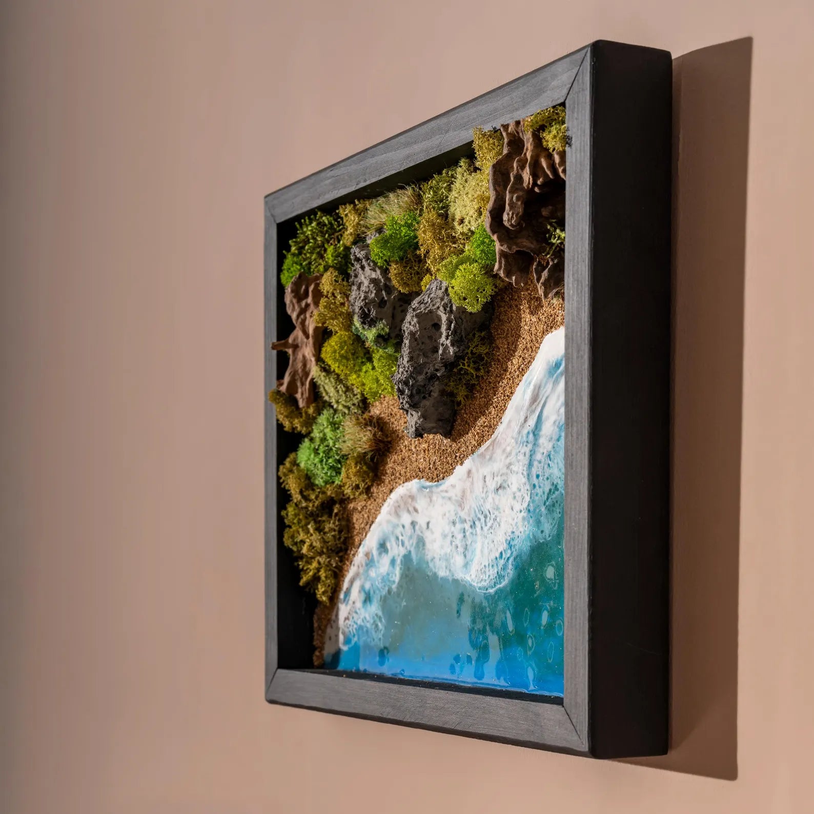 Ocean Island Resin Wall Art with Moss and Rocks – 3D Beach Shadow Box, Coastal Seaside Decor
