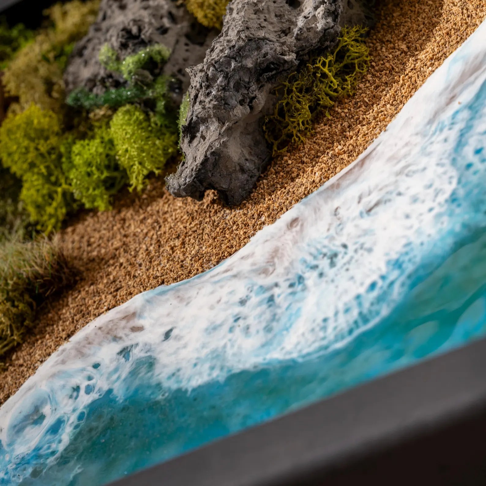 Ocean Island Resin Wall Art with Moss and Rocks – 3D Beach Shadow Box, Coastal Seaside Decor