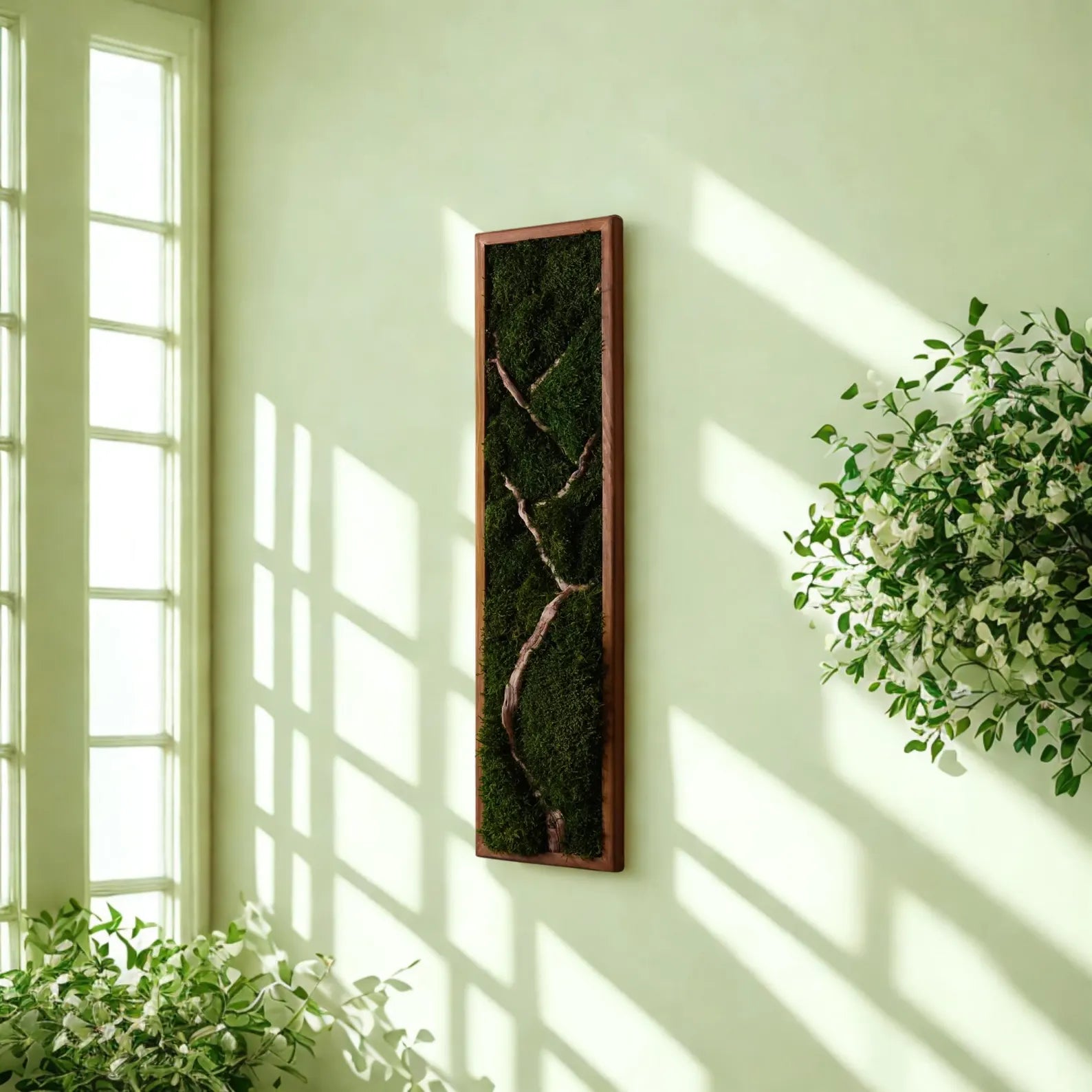 Bonsai Wood and Moss Wall Art – Vertical Green Decor, Botanical Wall Hanging for Bedroom, Birthday Gift