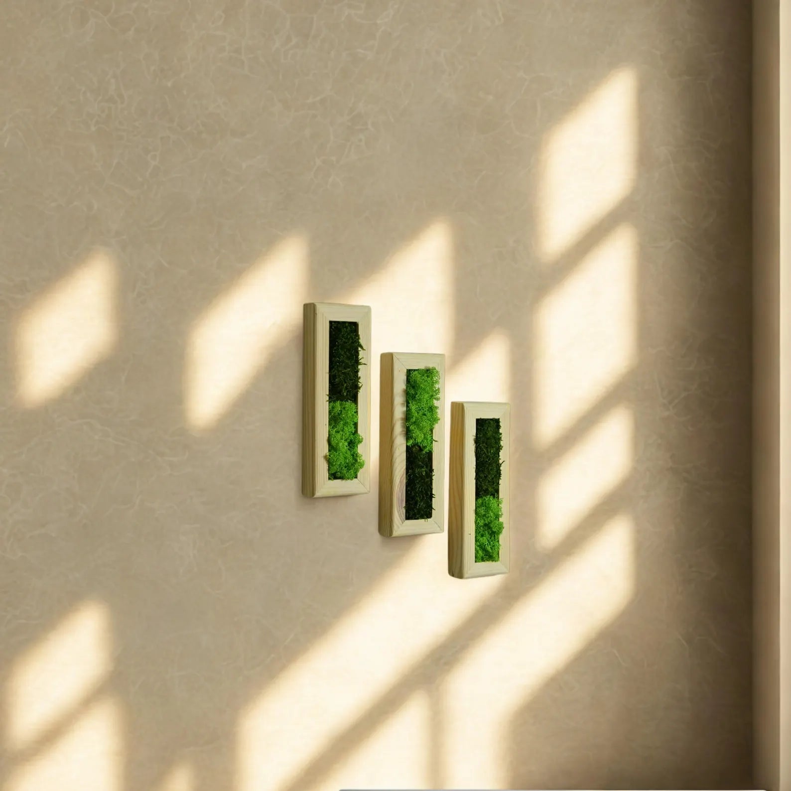 Set of 3 Vertical Moss Wall Art – Preserved Moss with Wood Frames, Rustic Bedroom Wall Decor, Eco-Friendly Gift