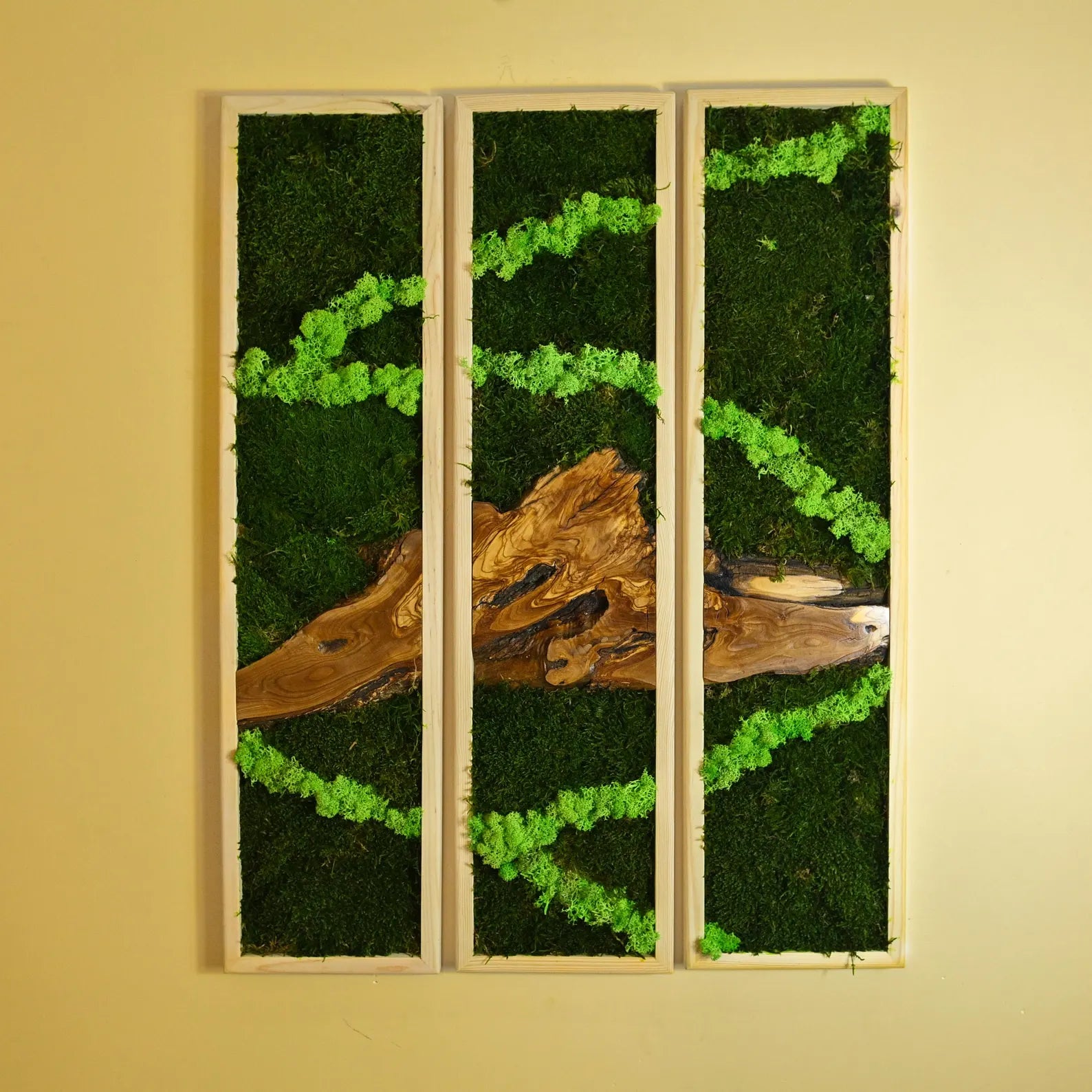 Moss and Olive Wood Wall Art – 3 Panel Green Vertical Decor, Botanical Farmhouse Wall Hanging, Birthday Gift
