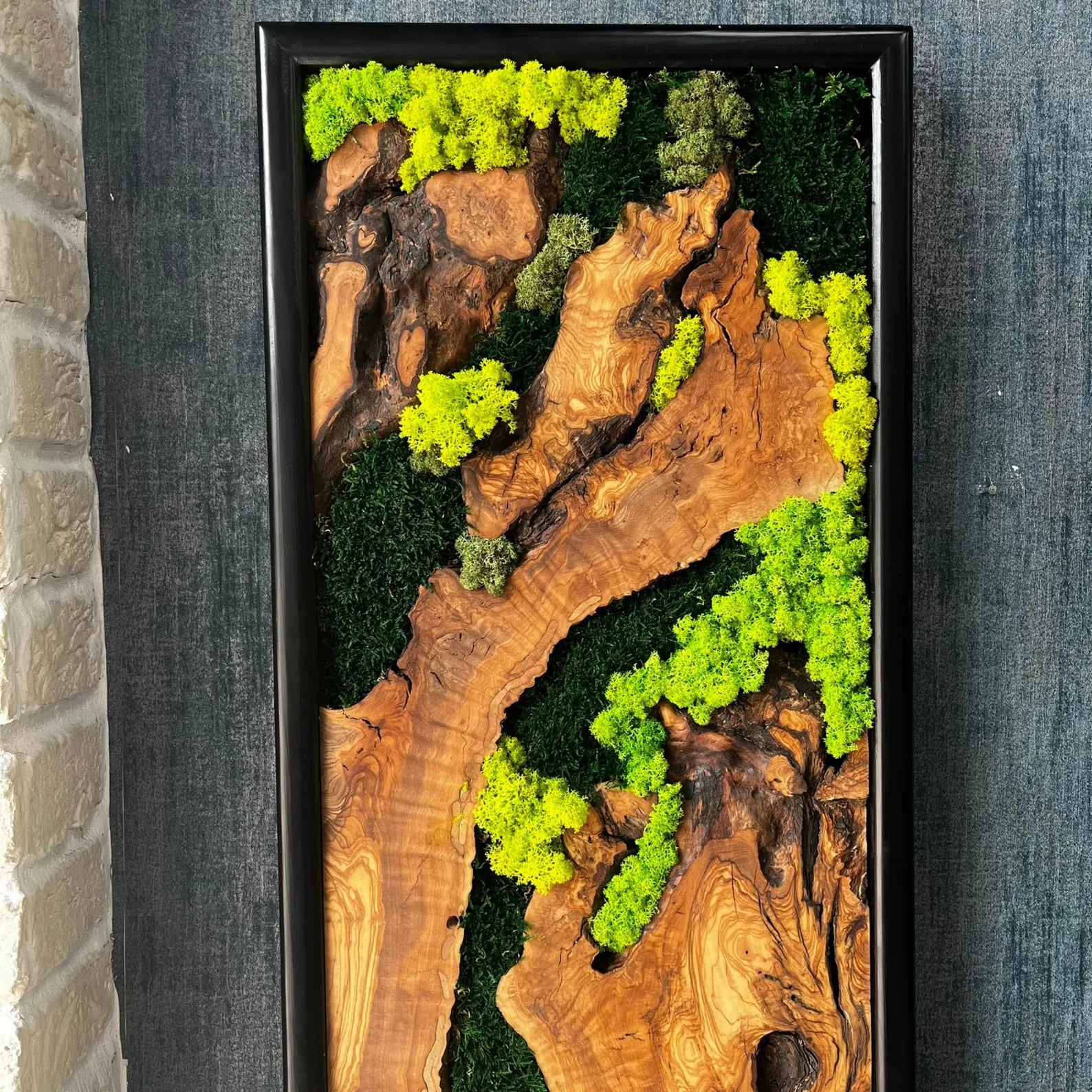 Olive Wood & Moss Wall Art – Handmade Live Edge Wood Panel for Natural Rustic Décor