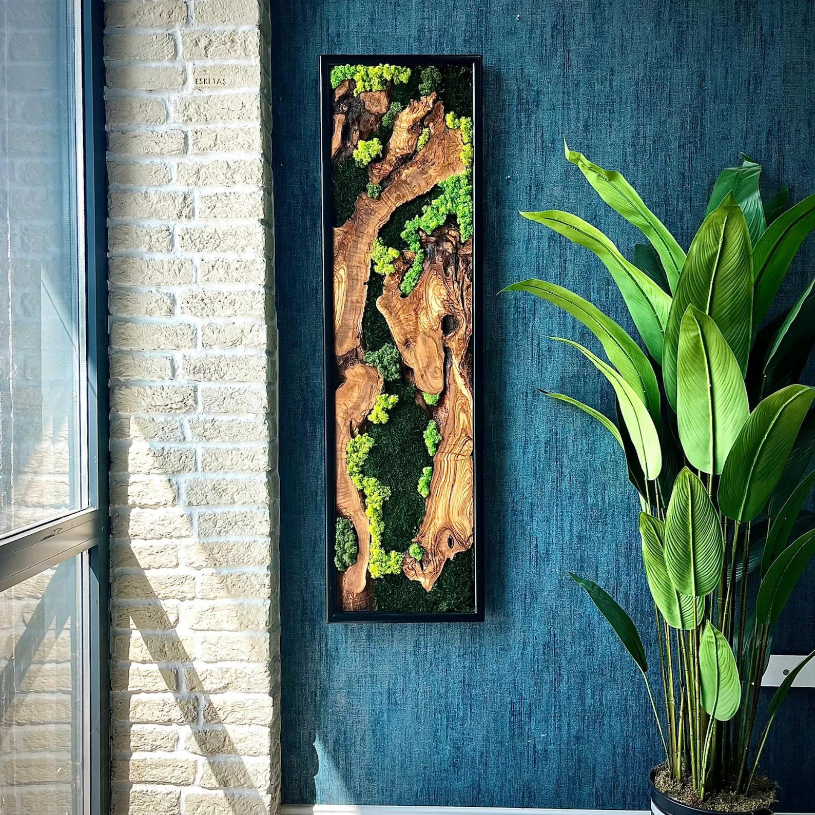 Olive Wood & Moss Wall Art – Handmade Live Edge Wood Panel for Natural Rustic Décor