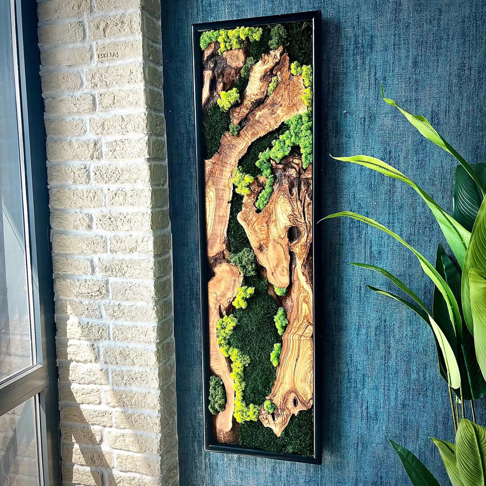 Olive Wood & Moss Wall Art – Handmade Live Edge Wood Panel for Natural Rustic Décor
