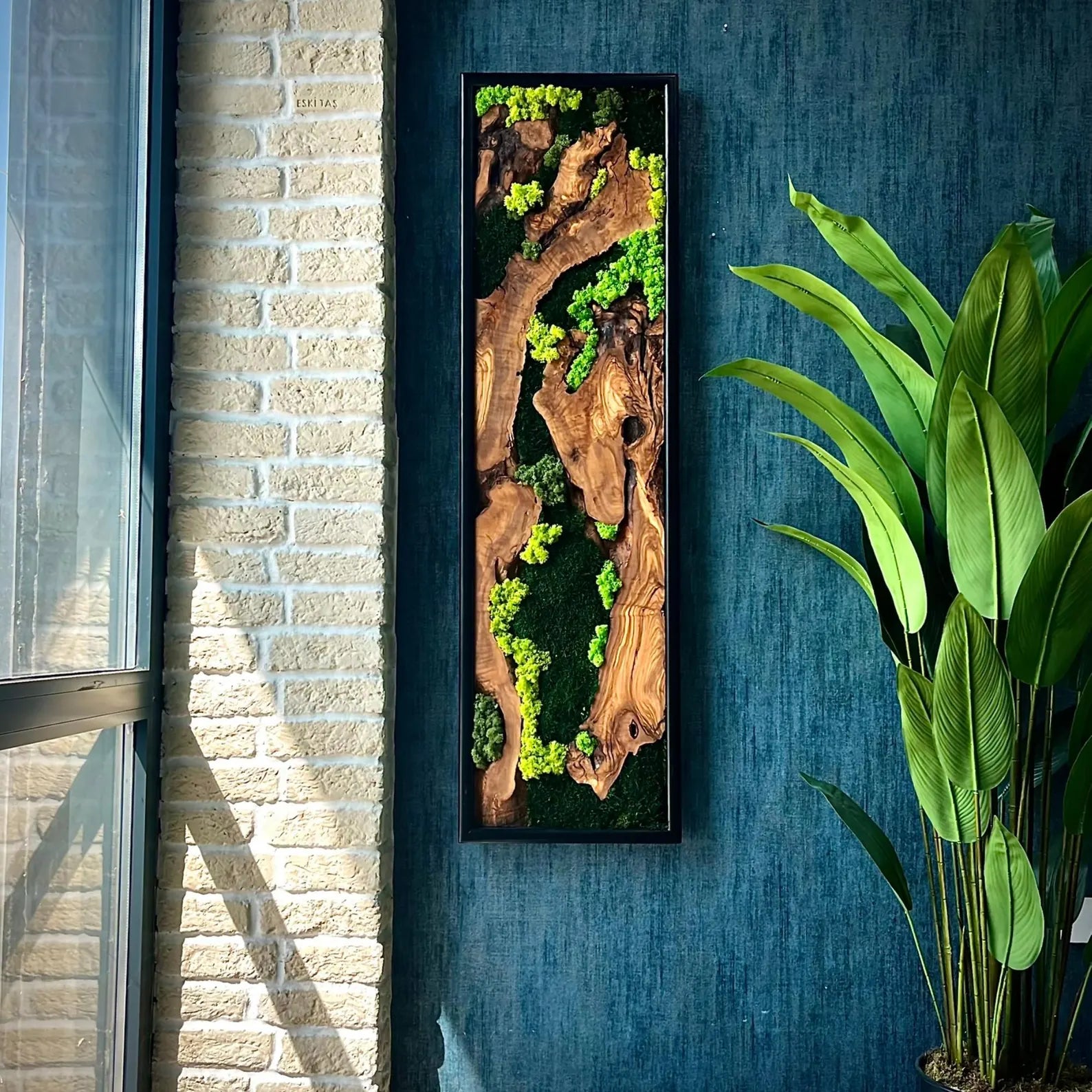 Olive Wood & Moss Wall Art – Handmade Live Edge Wood Panel for Natural Rustic Décor