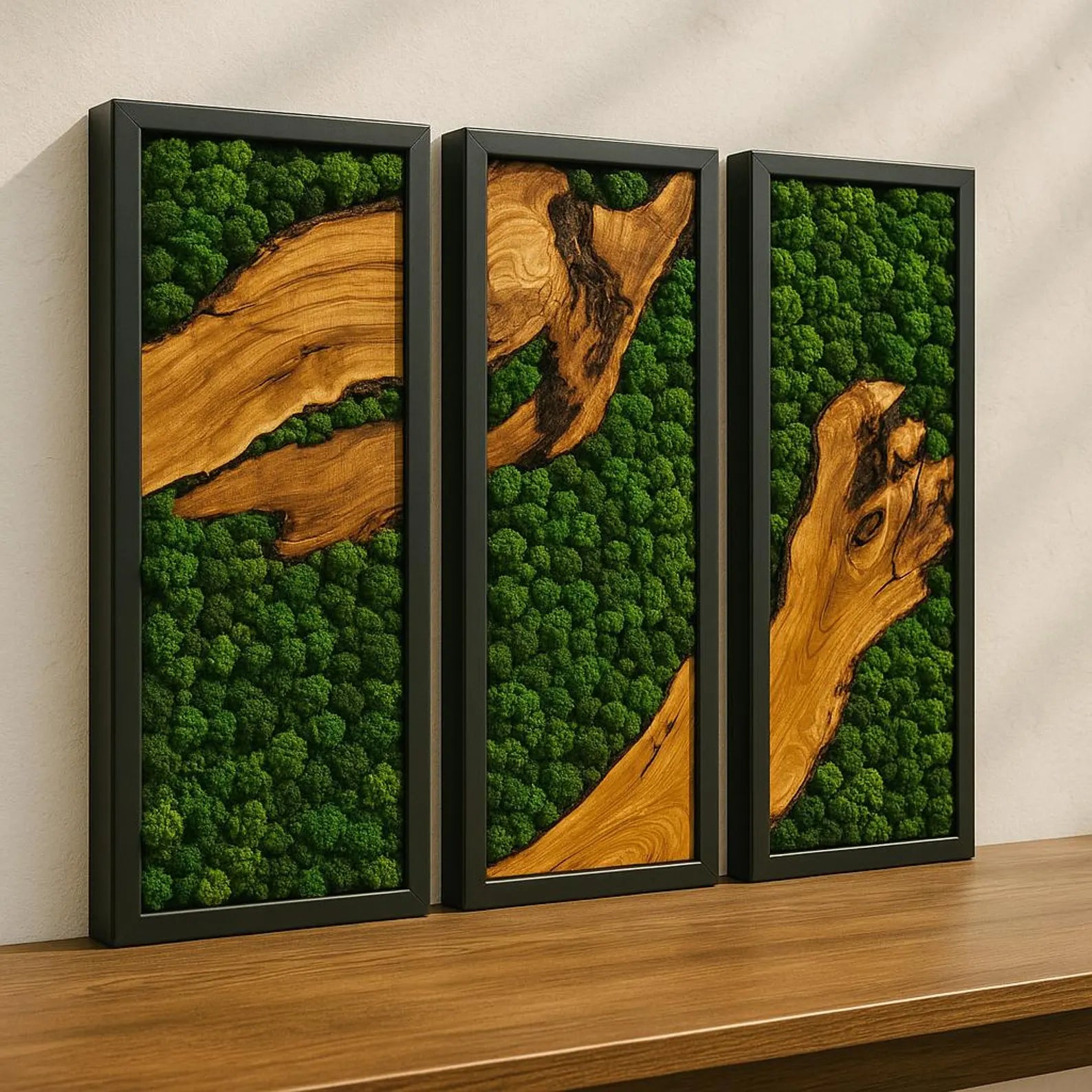 Triple Panel Moss and Olive Wood Wall Art – Handmade Preserved Green Moss Décor for Modern Home & Office