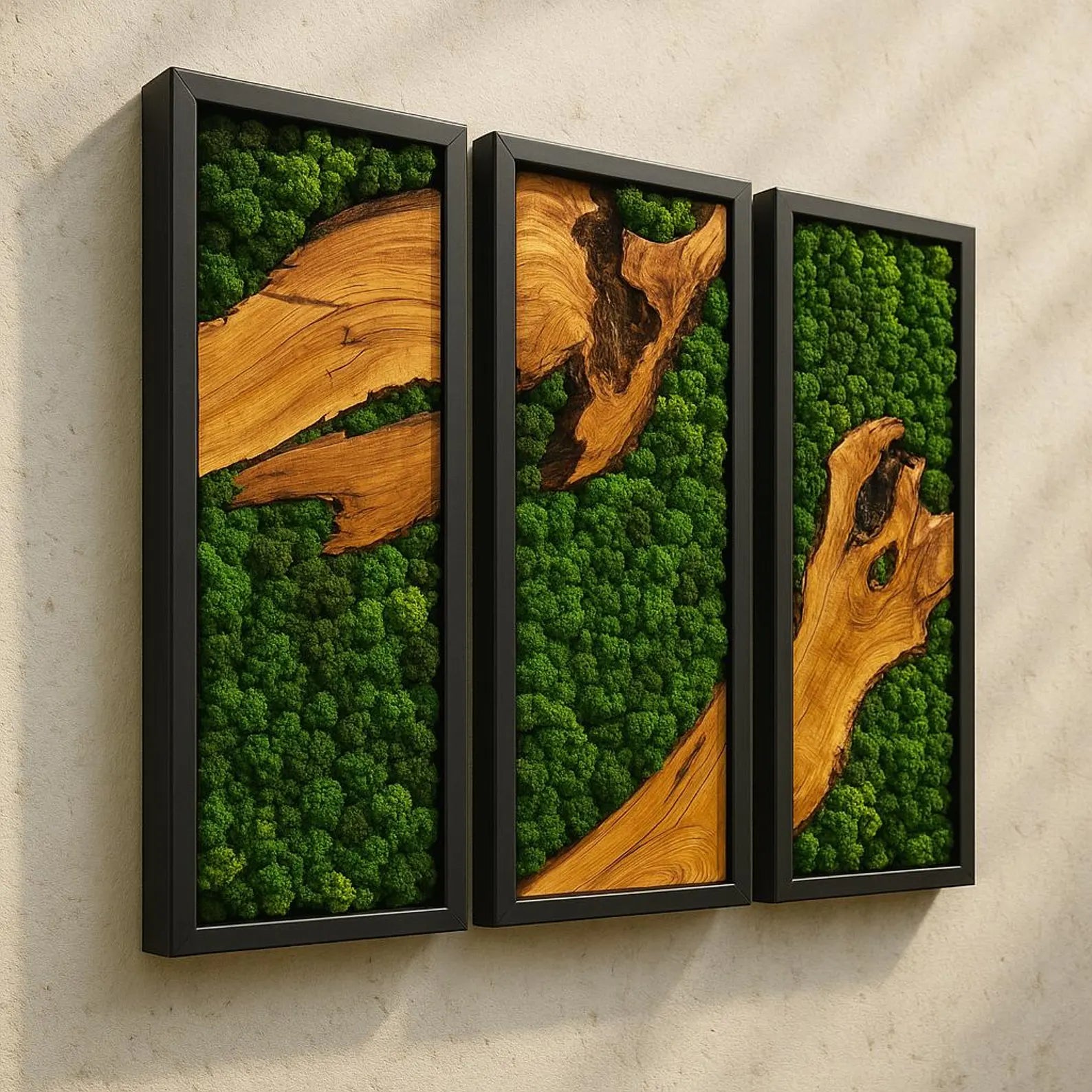 Triple Panel Moss and Olive Wood Wall Art – Handmade Preserved Green Moss Décor for Modern Home & Office