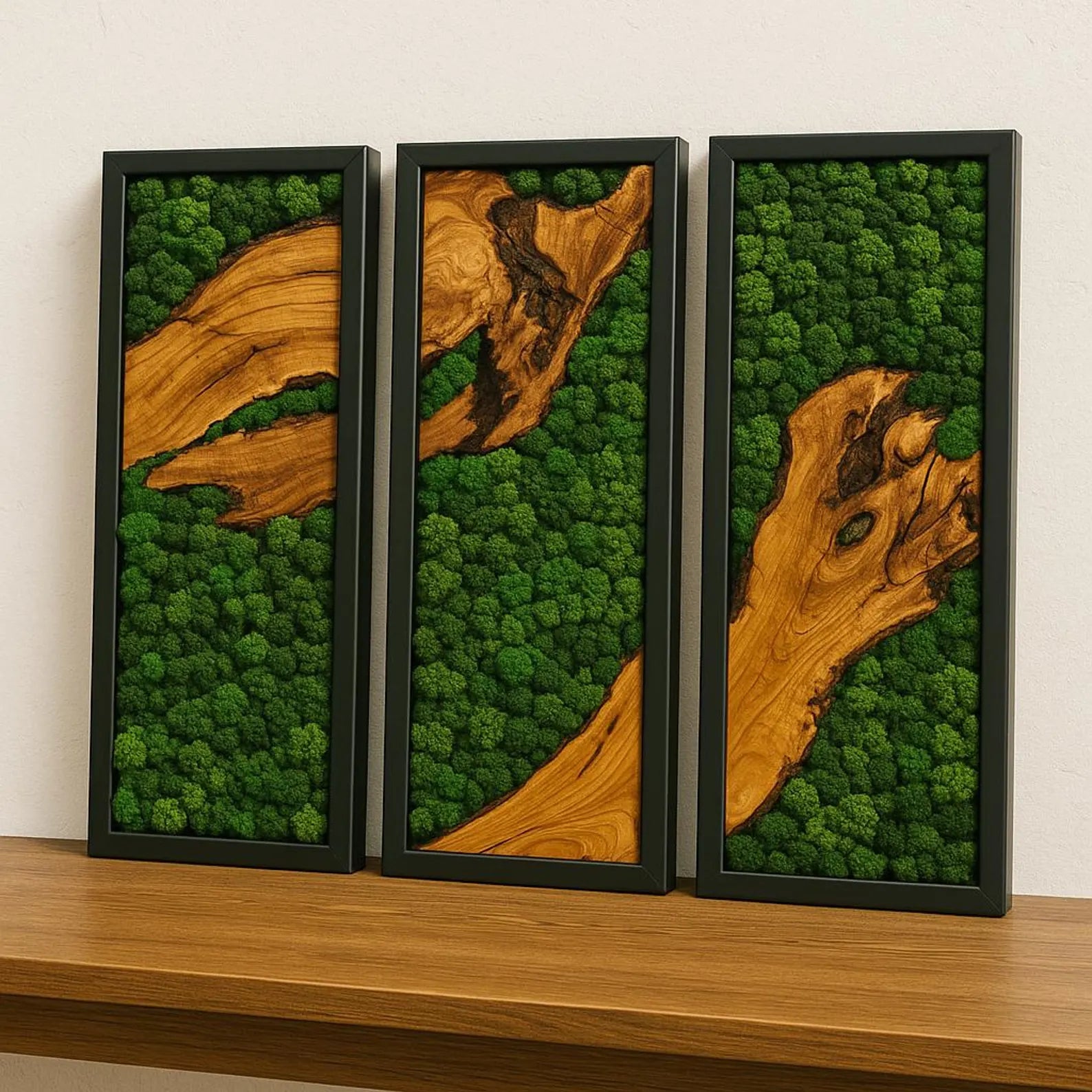 Triple Panel Moss and Olive Wood Wall Art – Handmade Preserved Green Moss Décor for Modern Home & Office