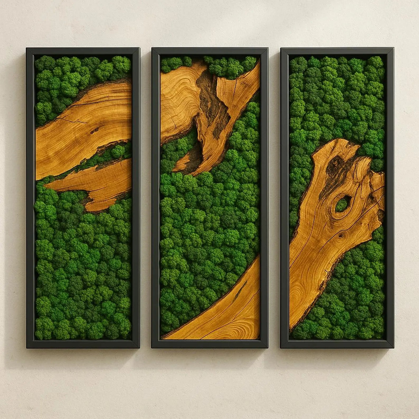 Triple Panel Moss and Olive Wood Wall Art – Handmade Preserved Green Moss Décor for Modern Home & Office