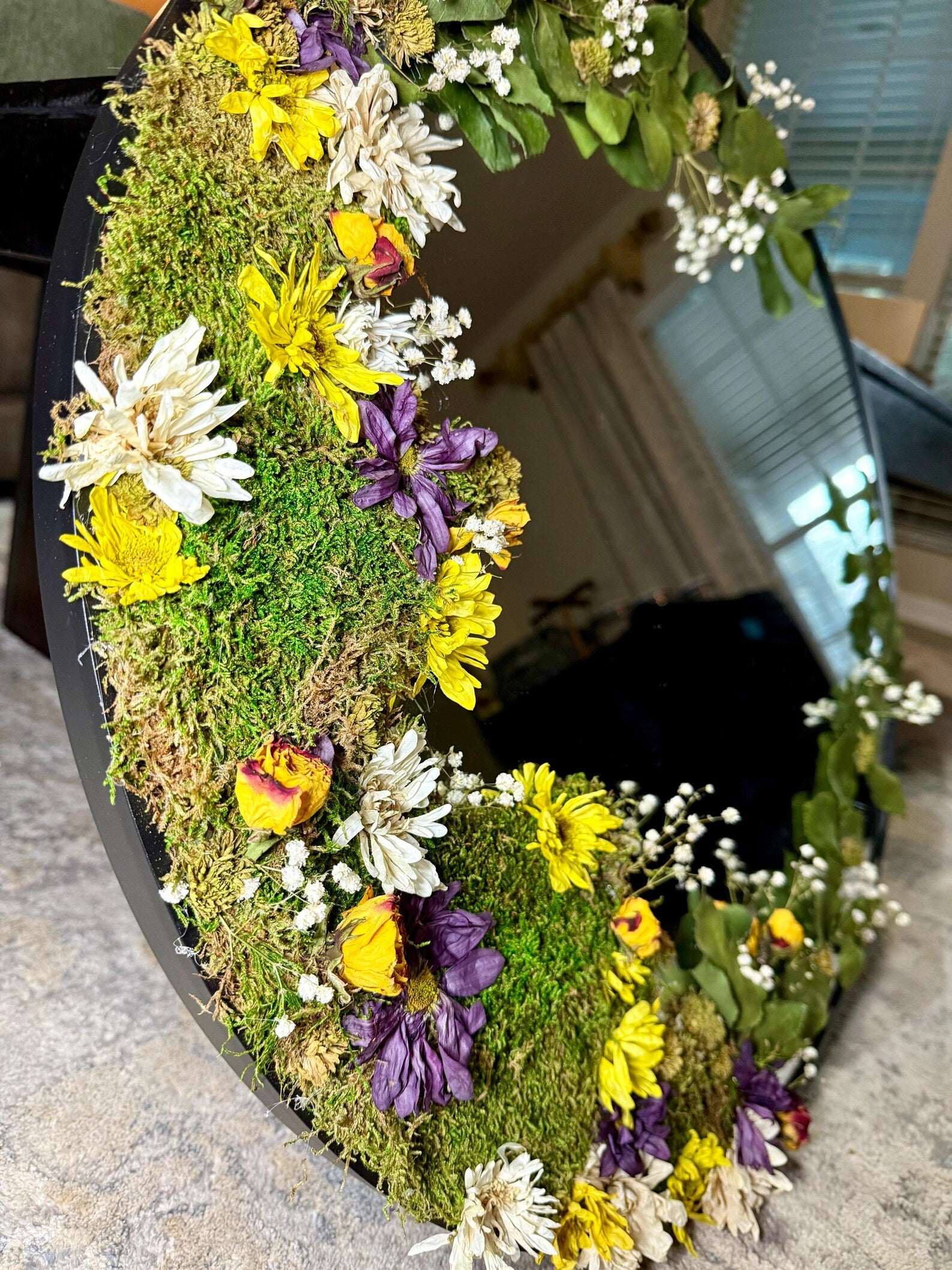 Botanical Moss Mirror with Unakite & Butterflies – Nature Wall Art