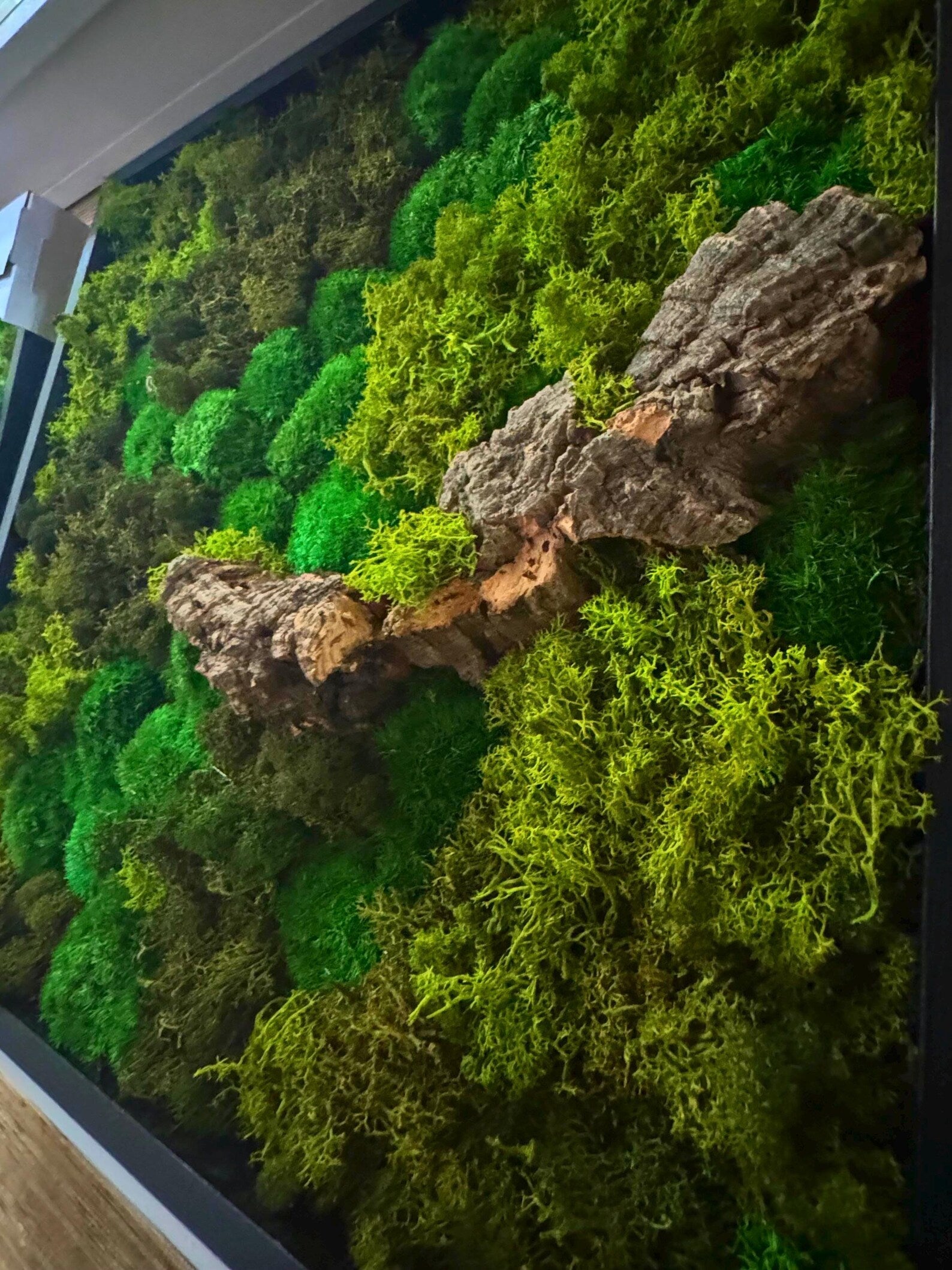 Moss Wall Art in Black Frame with Natural Branches – Large Preserved Green Moss Decor, Modern Botanical Wall Artwork