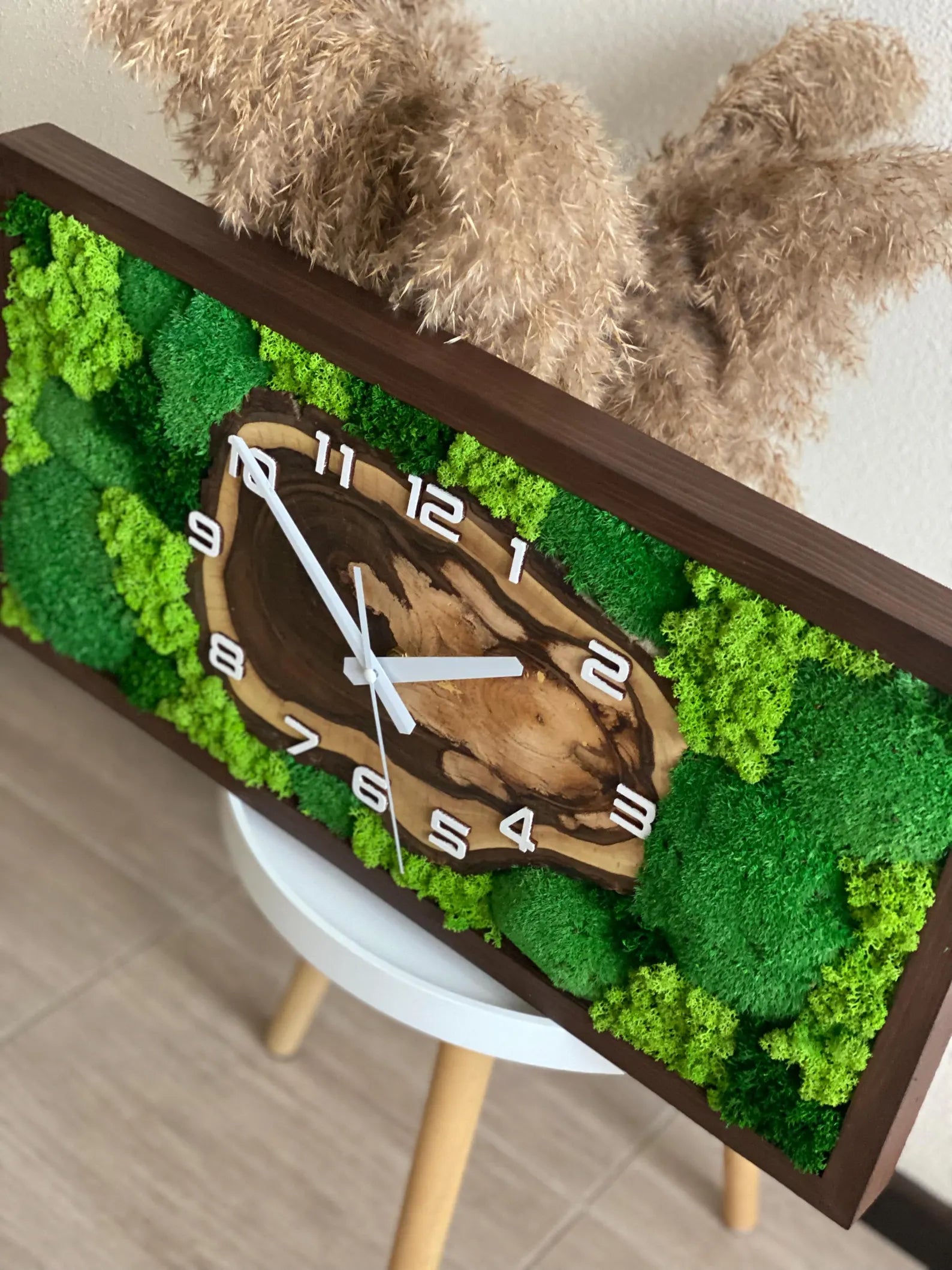 Rectangular Live Edge Wood Moss Clock – Cypress Finish with Preserved Moss