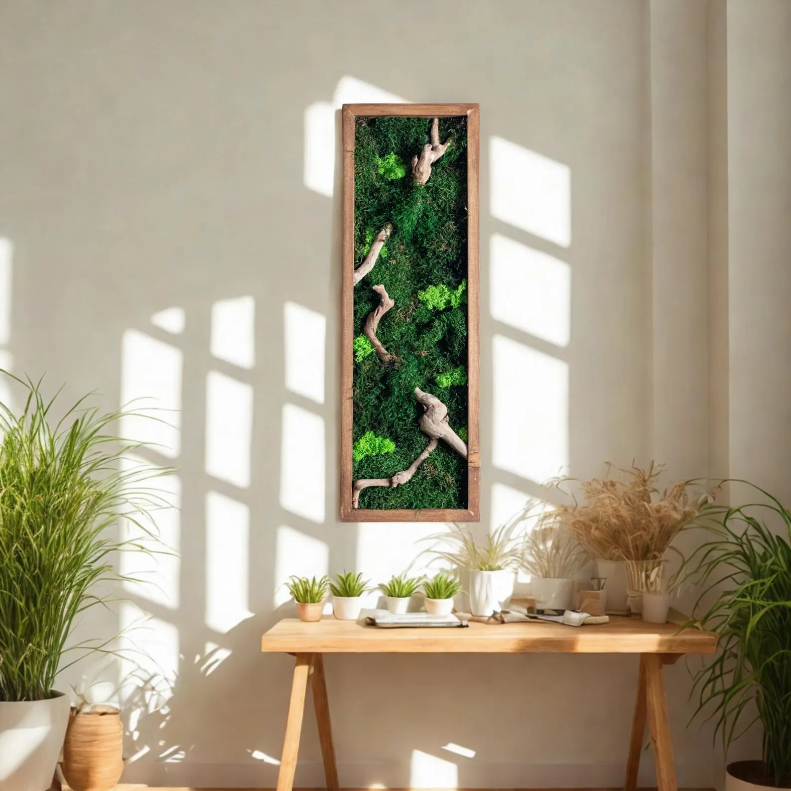 Rustic Moss and Bonsai Wood Wall Art – Vertical Wooden Frame Decor for Modern Living Rooms