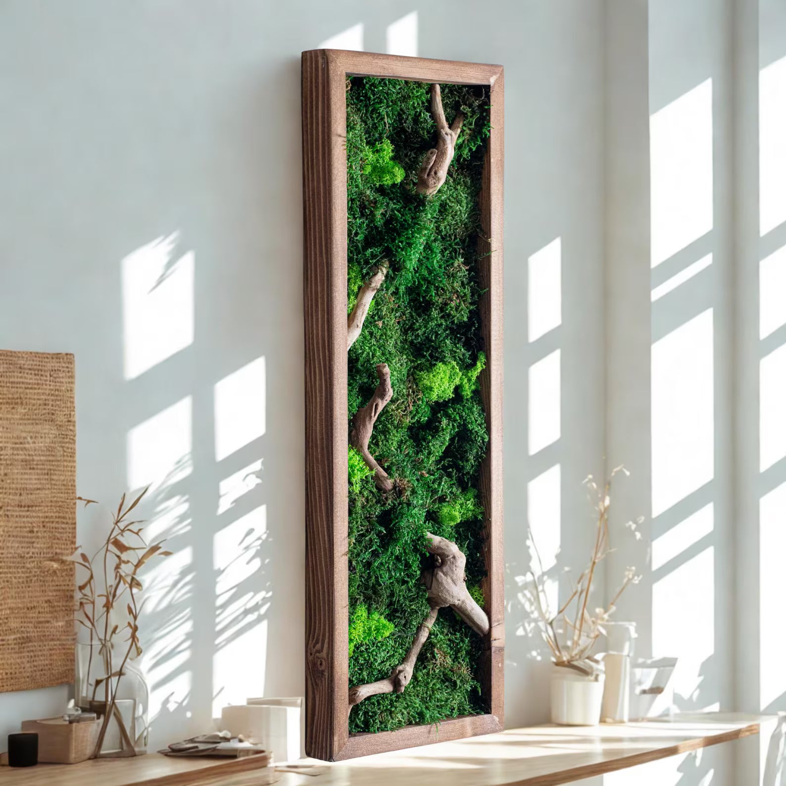 Rustic Moss and Bonsai Wood Wall Art – Vertical Wooden Frame Decor for Modern Living Rooms