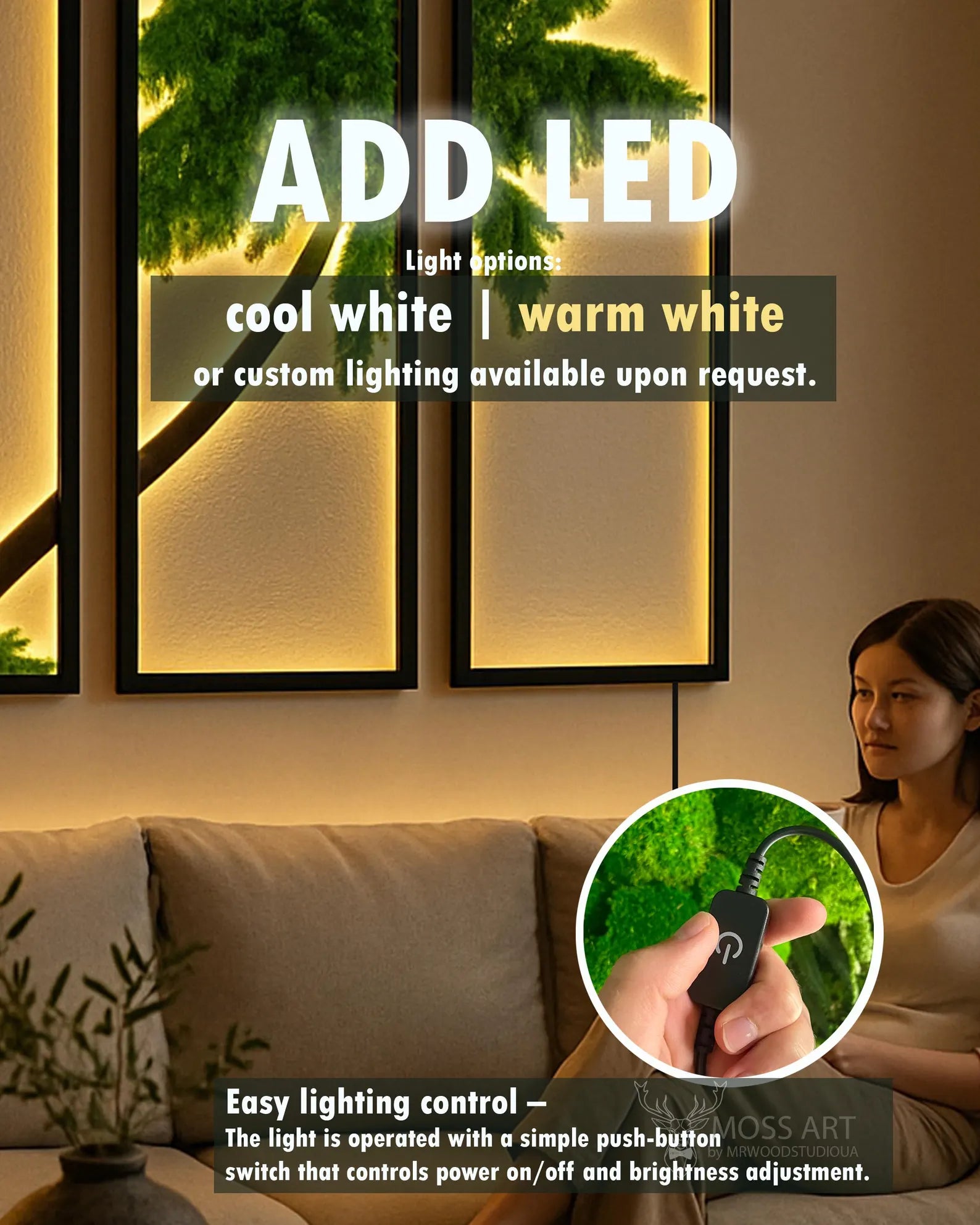 Tropical Moss Wall Art Triptych – Large Preserved Moss Panels with LED