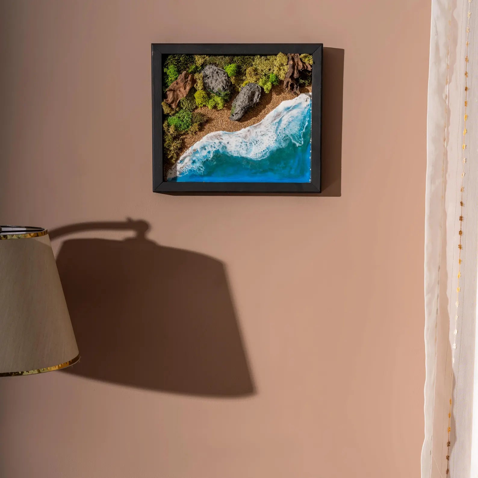 Ocean Island Resin Wall Art with Moss and Rocks – 3D Beach Shadow Box, Coastal Seaside Decor