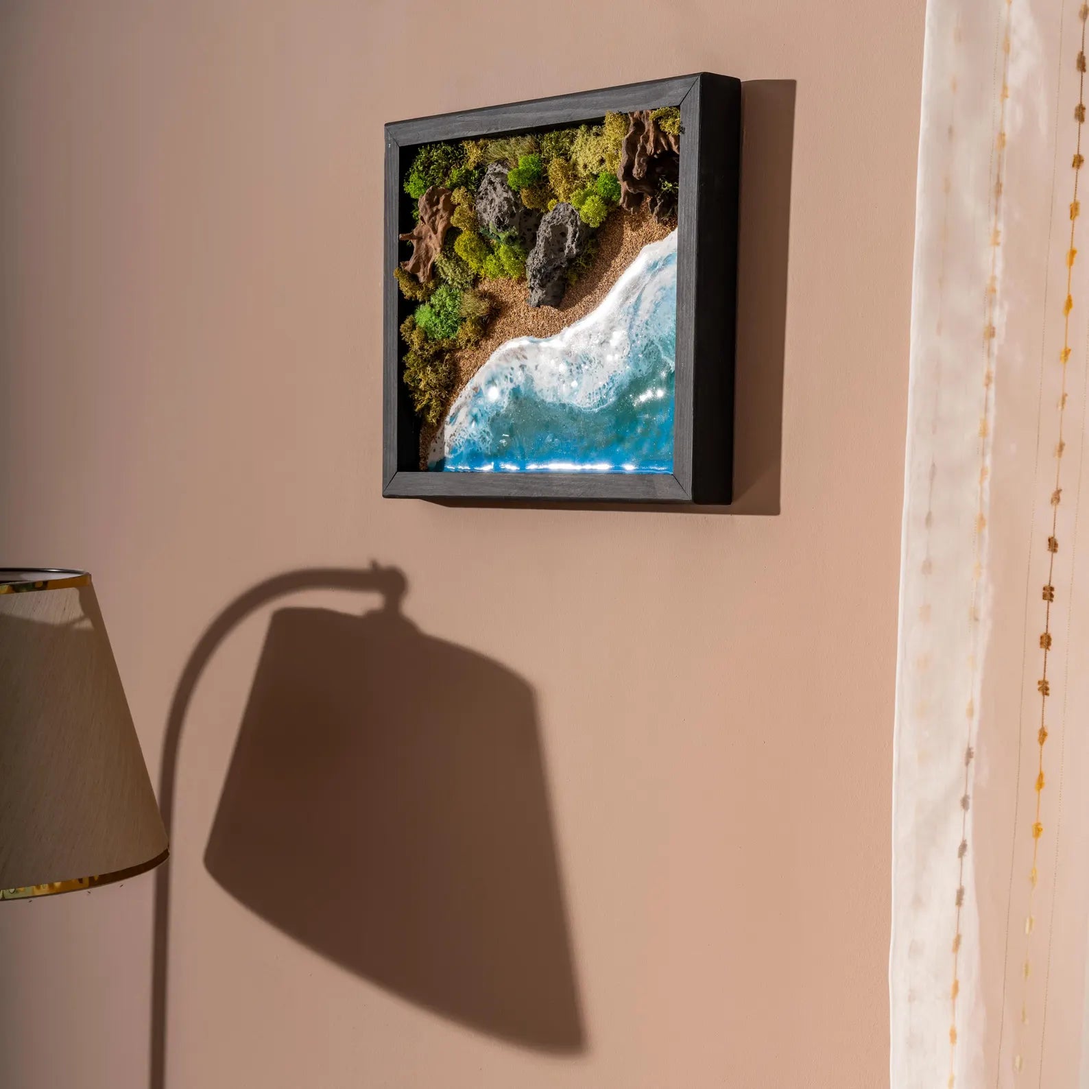 Ocean Island Resin Wall Art with Moss and Rocks – 3D Beach Shadow Box, Coastal Seaside Decor