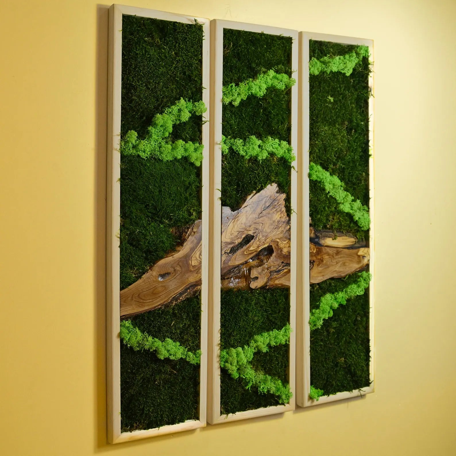 Moss and Olive Wood Wall Art – 3 Panel Green Vertical Decor, Botanical Farmhouse Wall Hanging, Birthday Gift