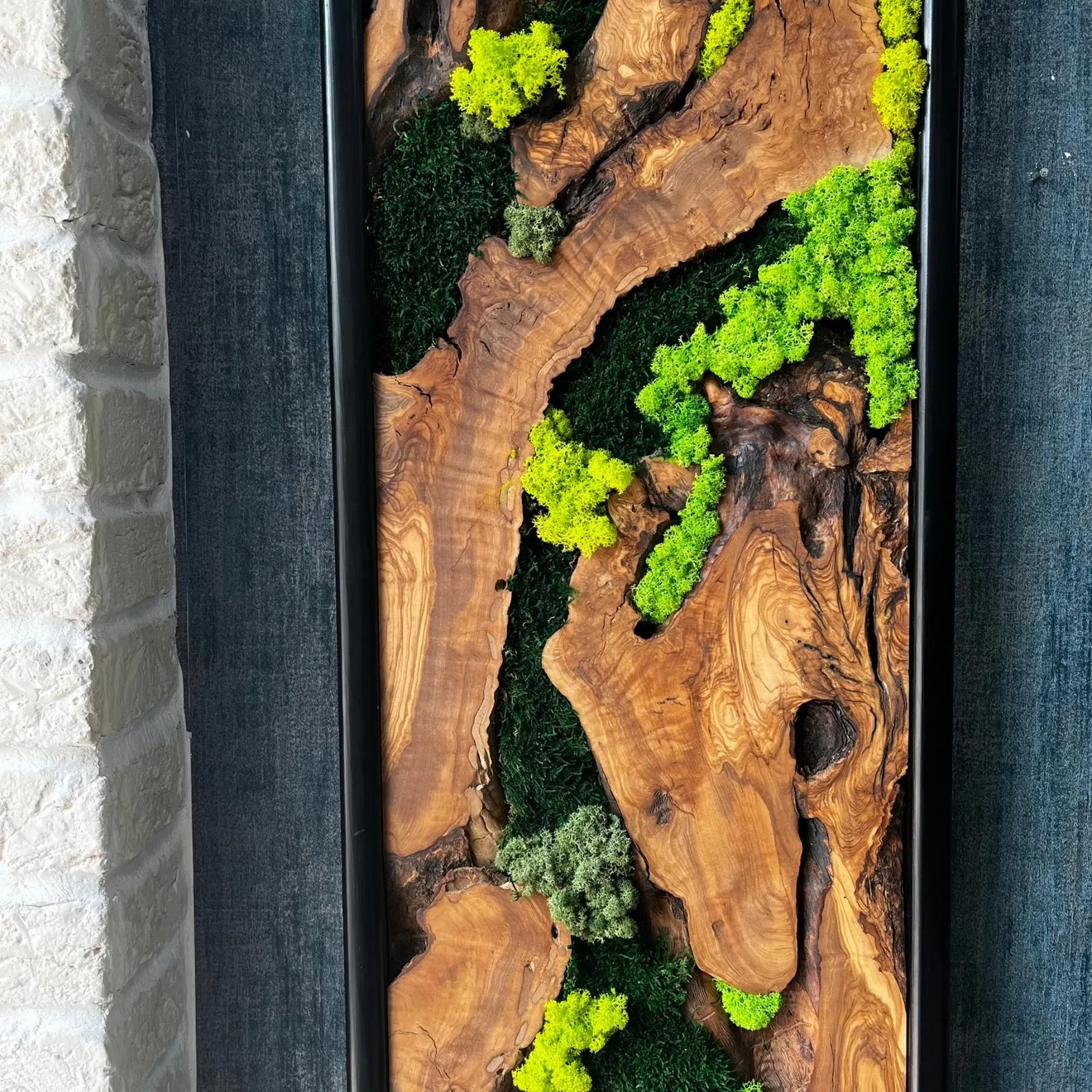 Olive Wood & Moss Wall Art – Handmade Live Edge Wood Panel for Natural Rustic Décor