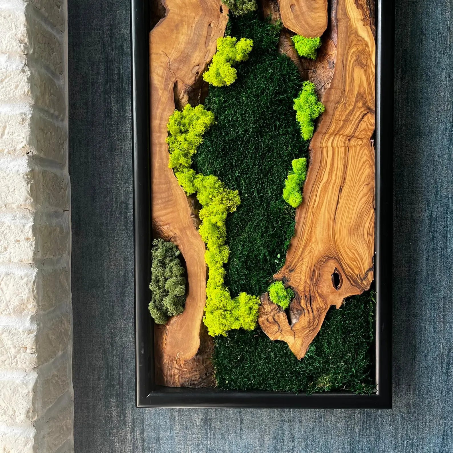Olive Wood & Moss Wall Art – Handmade Live Edge Wood Panel for Natural Rustic Décor