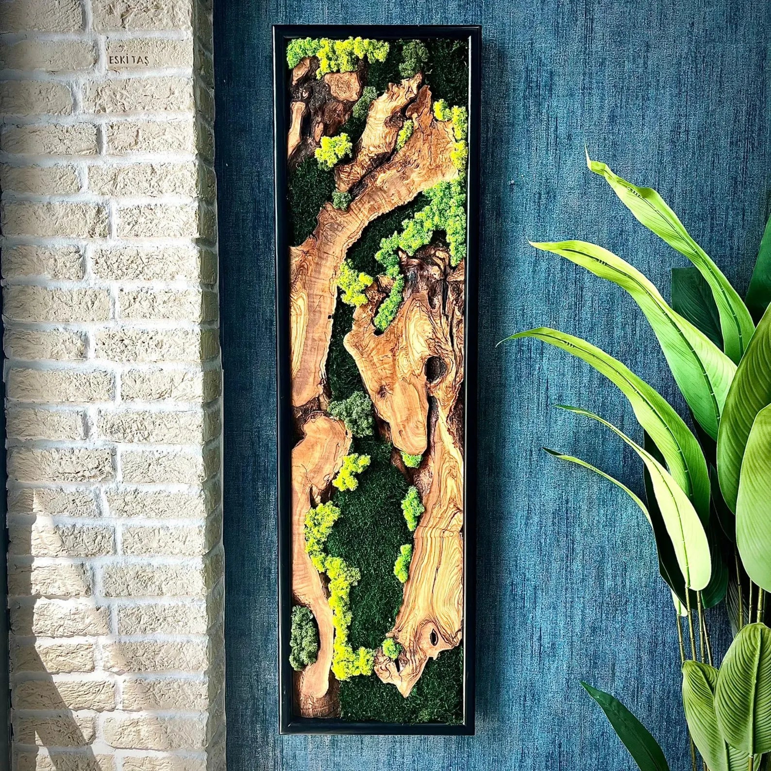 Olive Wood & Moss Wall Art – Handmade Live Edge Wood Panel for Natural Rustic Décor