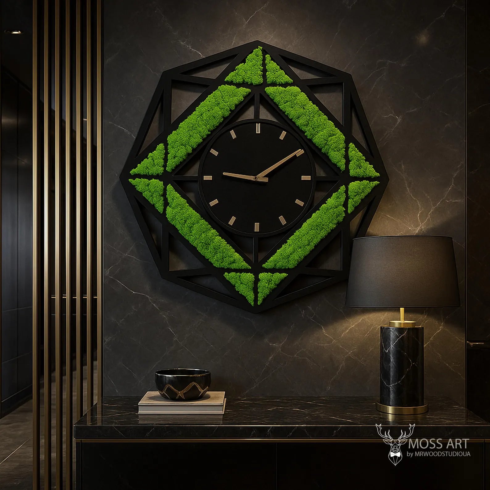 Hexagon Moss Wall Clock – Modern Preserved Green Wall Art & Oversized Home Decor