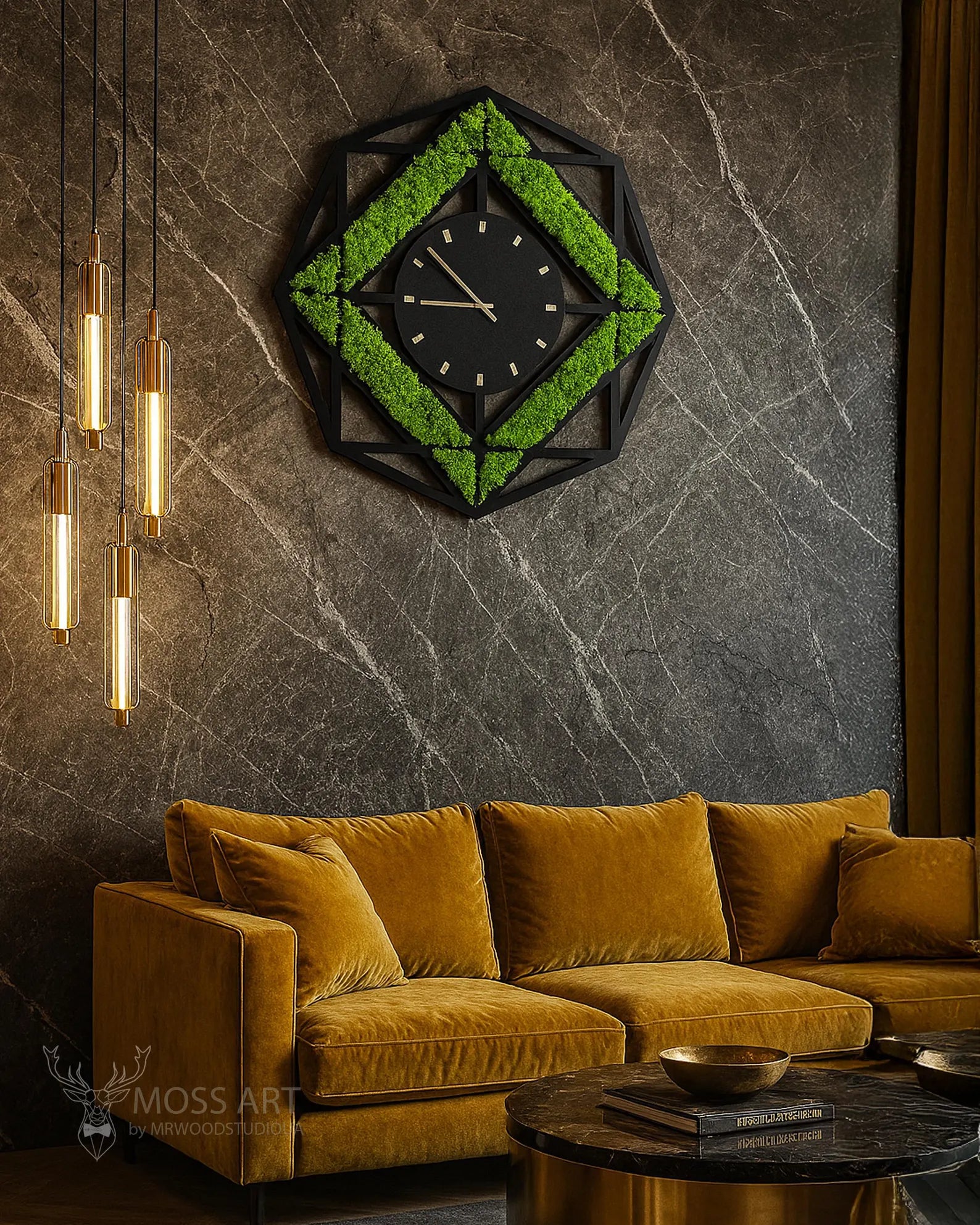 Hexagon Moss Wall Clock – Modern Preserved Green Wall Art & Oversized Home Decor