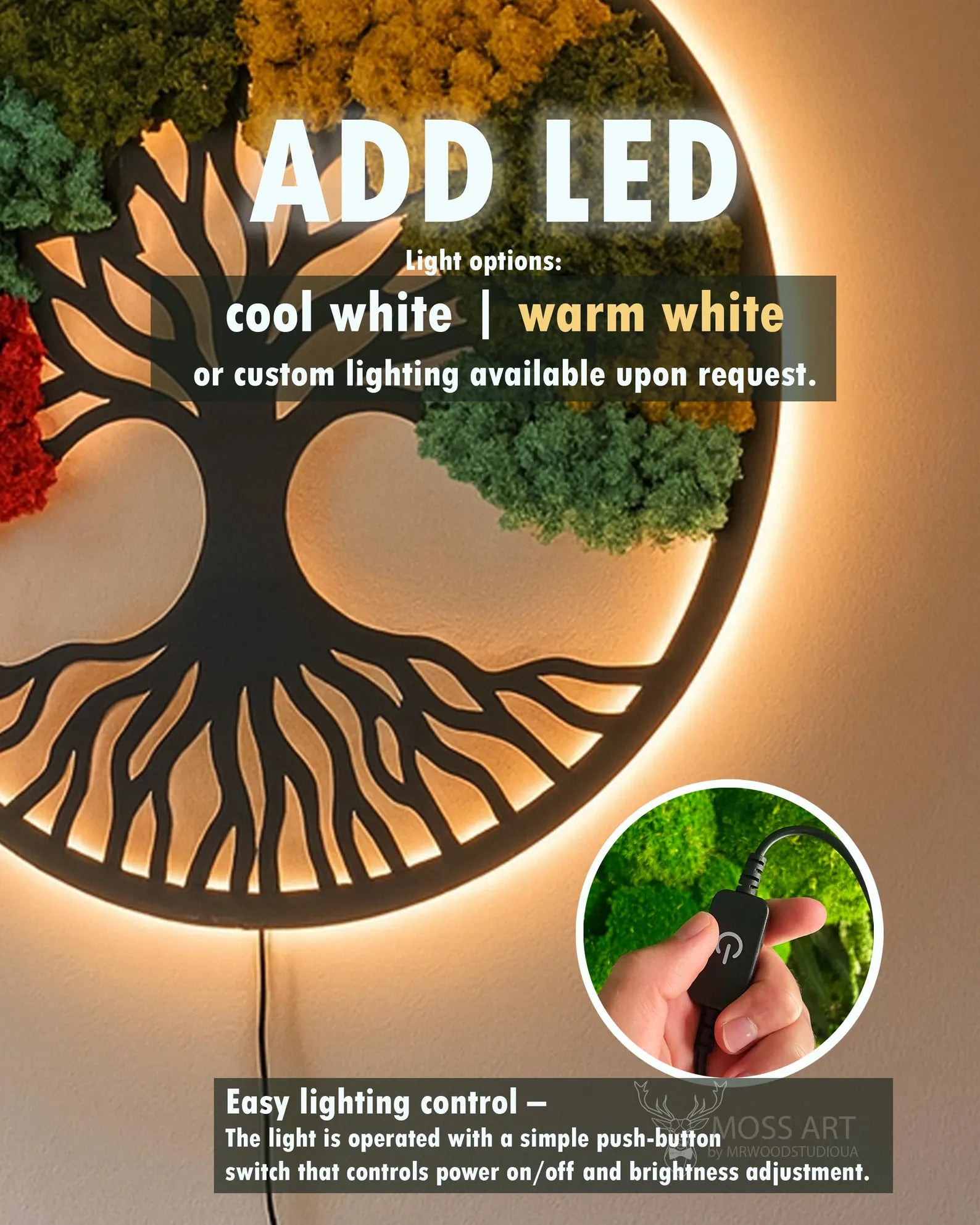 23.6" LED Tree of Life Moss Wall Art – Round Metal Frame with Preserved Green Decor