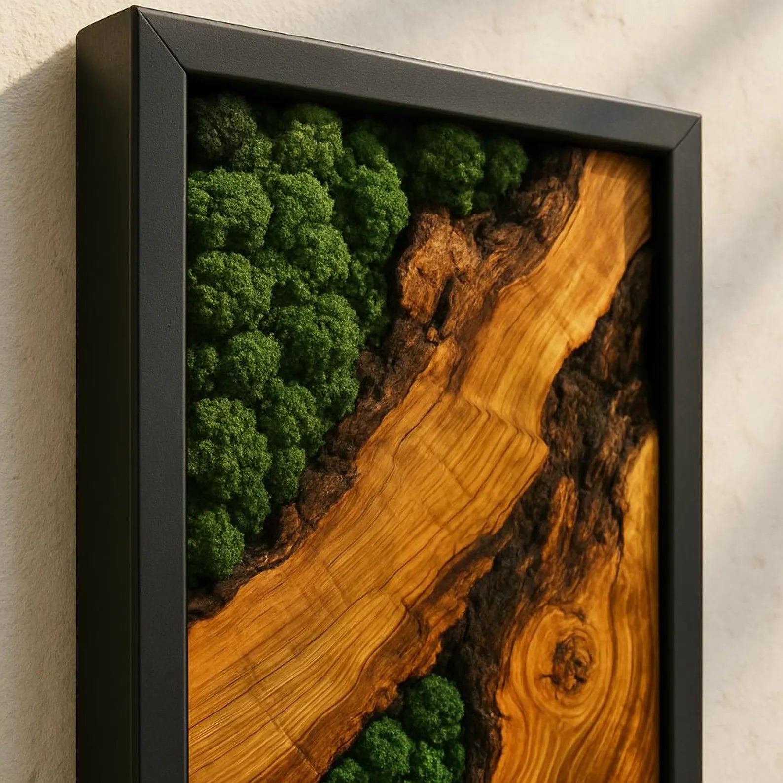 Triple Panel Moss and Olive Wood Wall Art – Handmade Preserved Green Moss Décor for Modern Home & Office