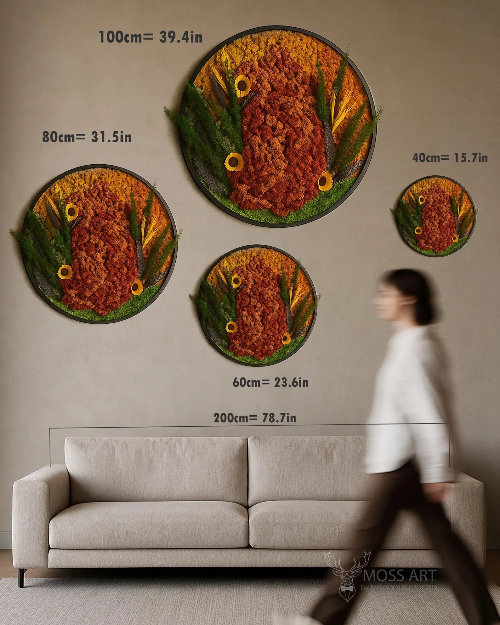 Illuminated Autumn Moss Wall Art – Handmade Round Preserved Moss Panel with LED Lighting for Home & Office Décor