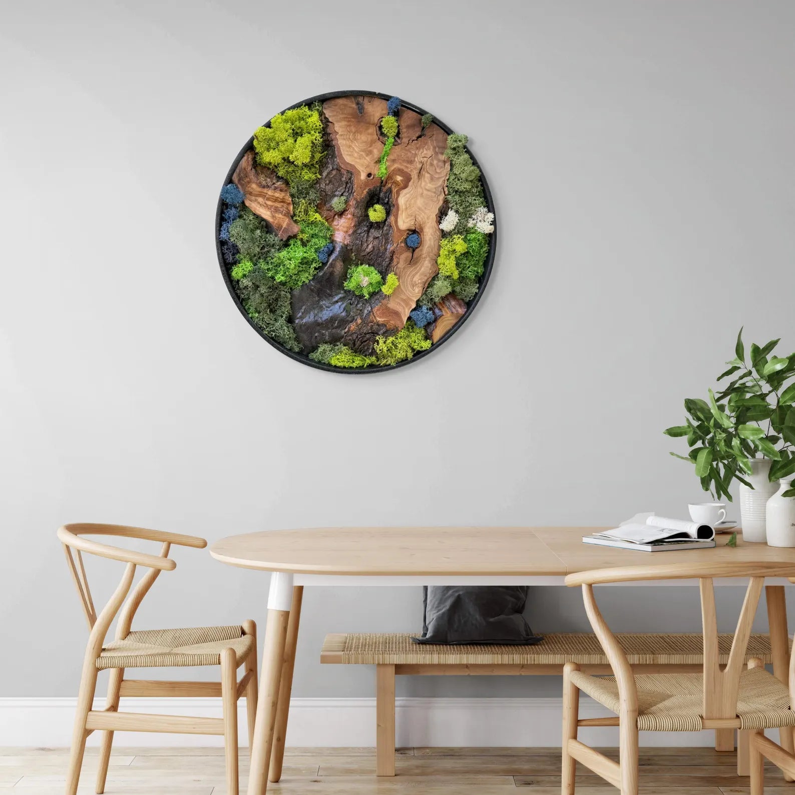 Moss and Olive Wood Wall Art – Metal Frame Preserved Moss Home Decor