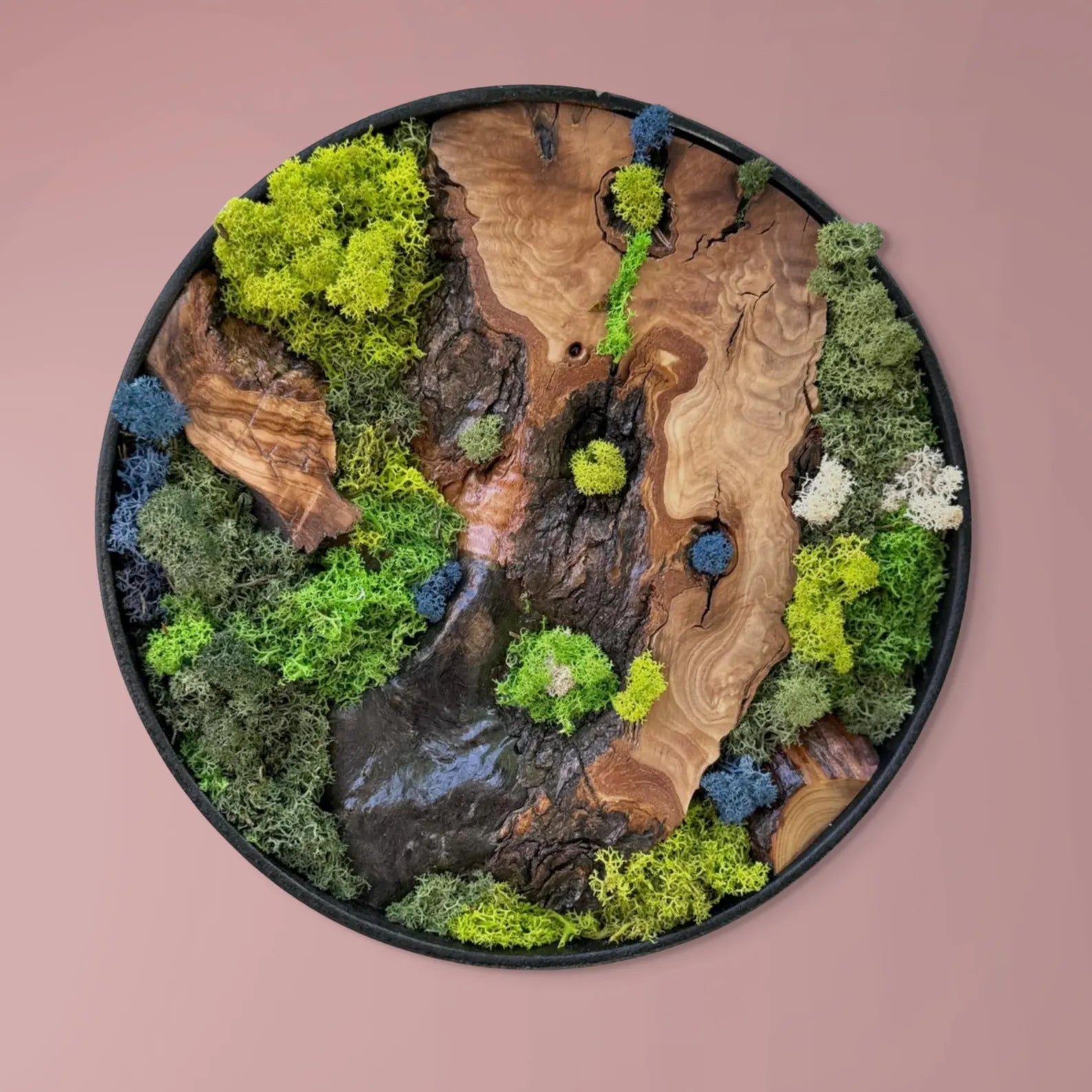 Moss and Olive Wood Wall Art – Metal Frame Preserved Moss Home Decor