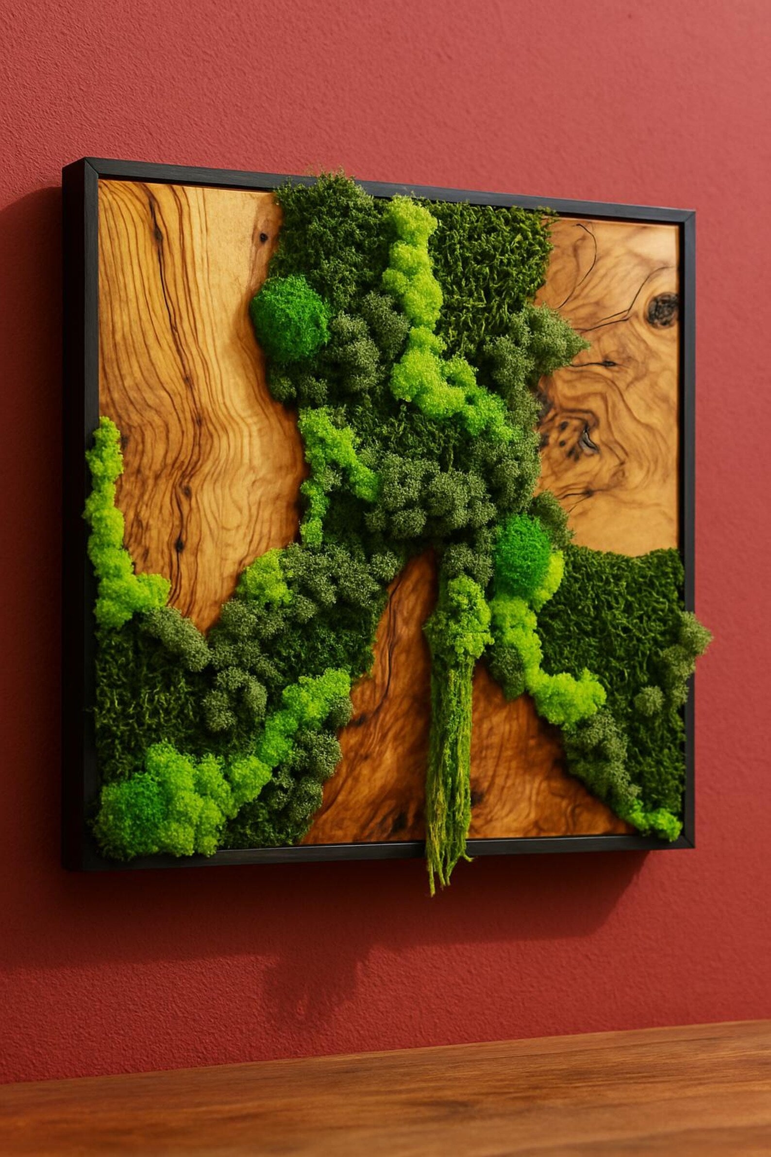 Preserved Moss and Olive Wood Wall Art – Biophilic Black Frame Wall Decor for Home or Office