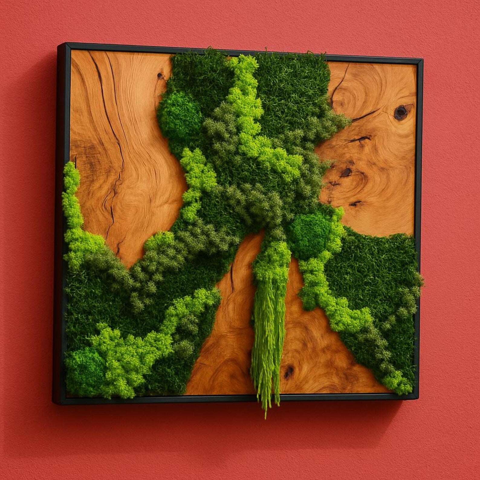 Preserved Moss and Olive Wood Wall Art – Biophilic Black Frame Wall Decor for Home or Office