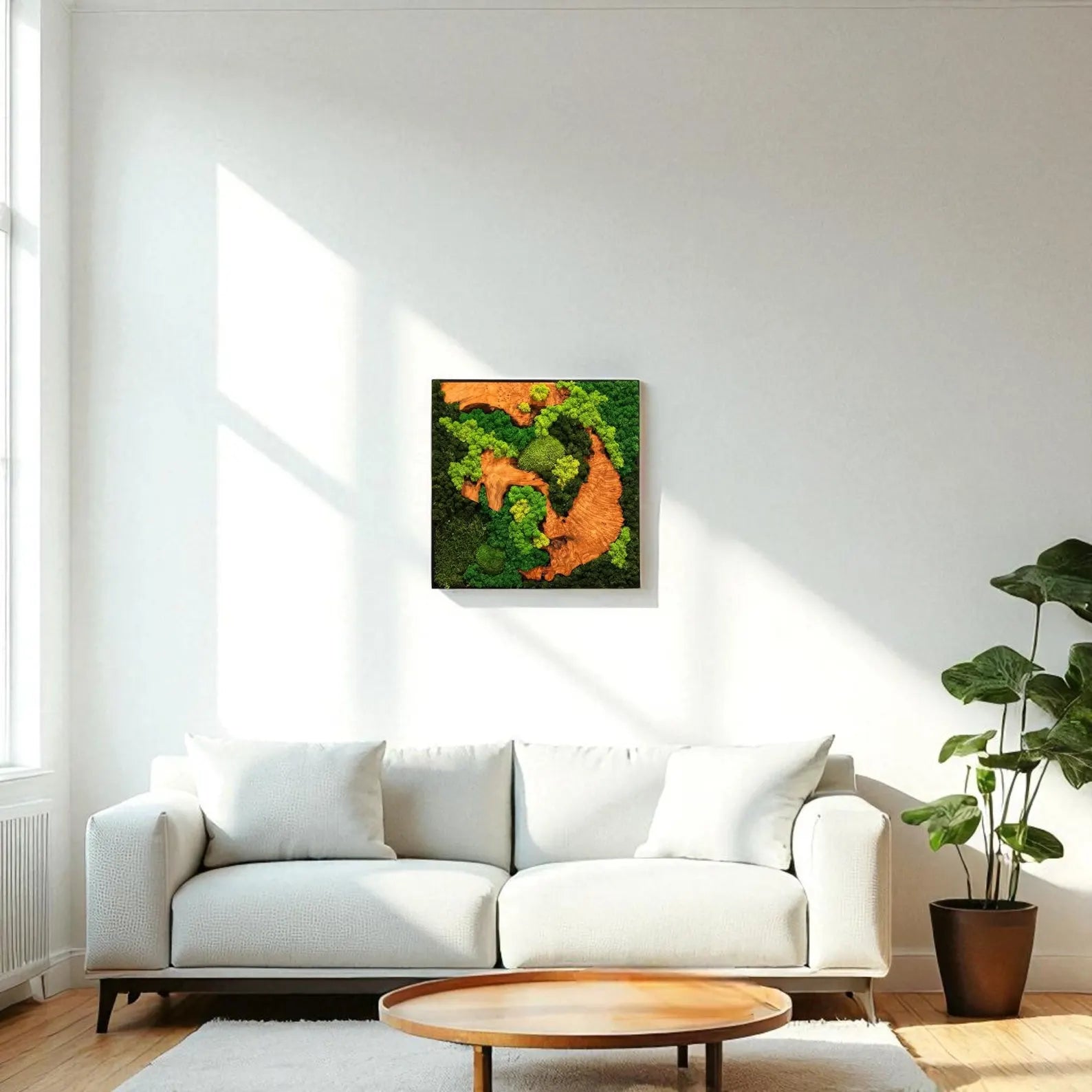 Moss and Wood Wall Decor – Rustic Green Moss Wall Art, Eco-Friendly Botanical Wall Hanging for Living Room