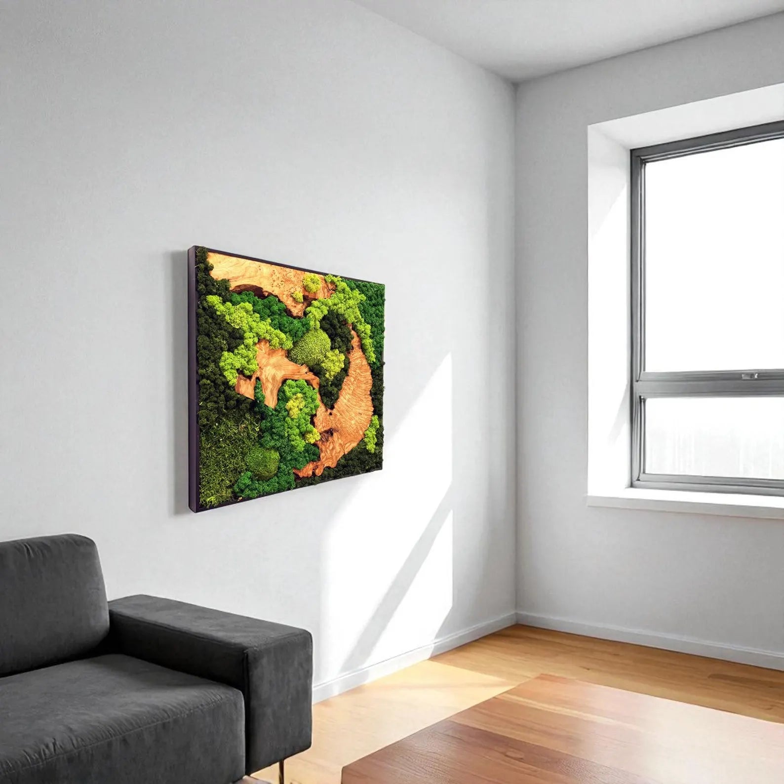Moss and Wood Wall Decor – Rustic Green Moss Wall Art, Eco-Friendly Botanical Wall Hanging for Living Room
