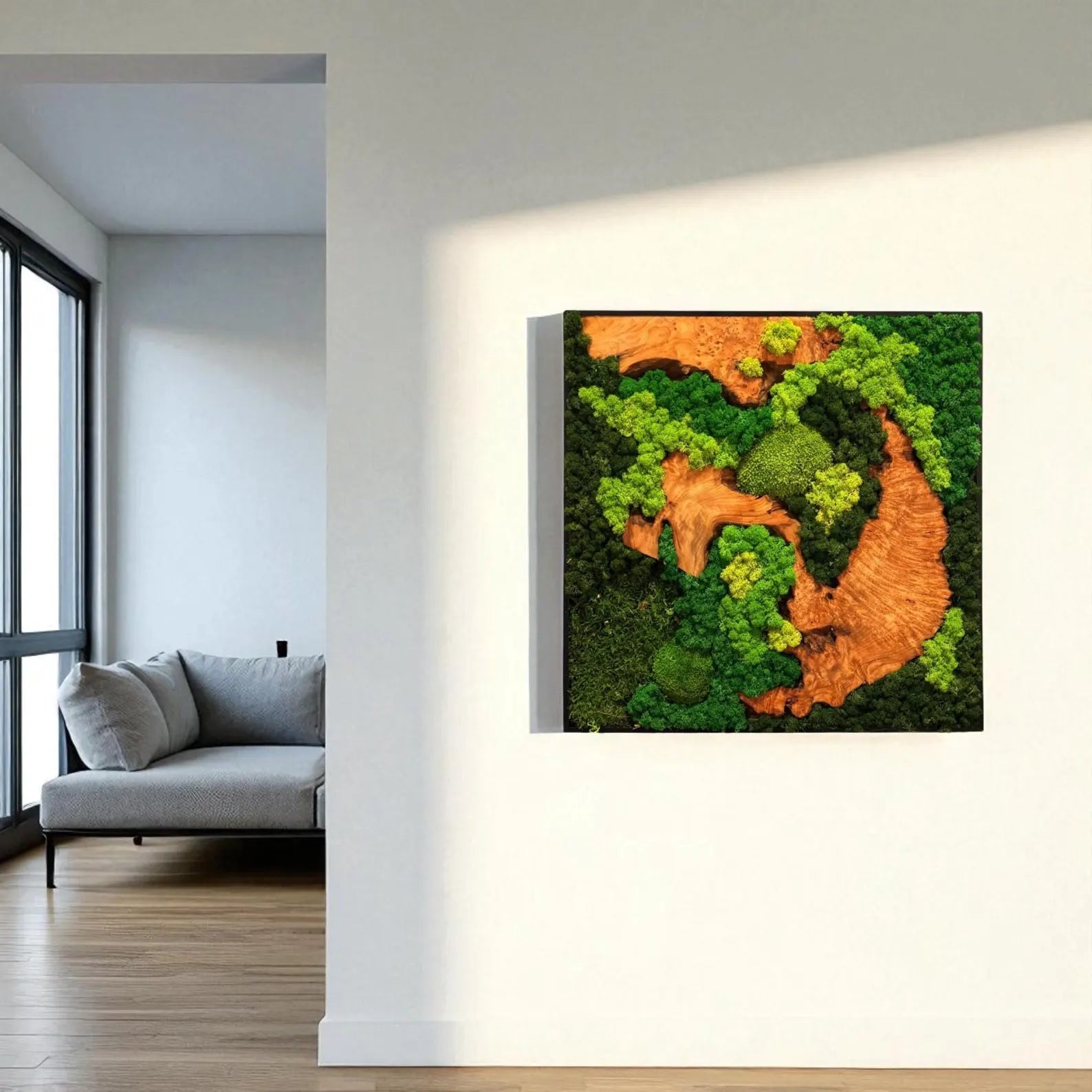 Moss and Wood Wall Decor – Rustic Green Moss Wall Art, Eco-Friendly Botanical Wall Hanging for Living Room