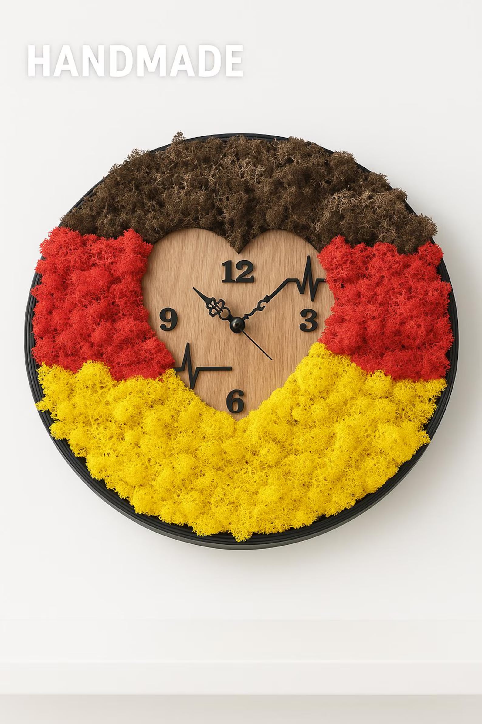 Wooden Moss Wall Clock – Preserved Moss Clock with Wood Frame, Unique Eco Home Décor
