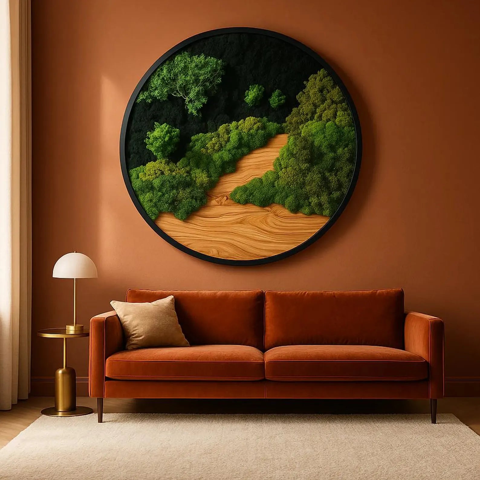 Handmade Moss Wall Art – Dark Preserved Moss with Natural Wood Accent | Premium Botanical Decor (Sizes 24–144)