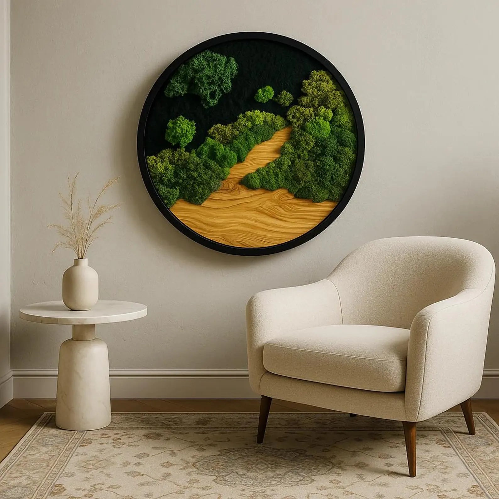 Handmade Moss Wall Art – Dark Preserved Moss with Natural Wood Accent | Premium Botanical Decor (Sizes 24–144)