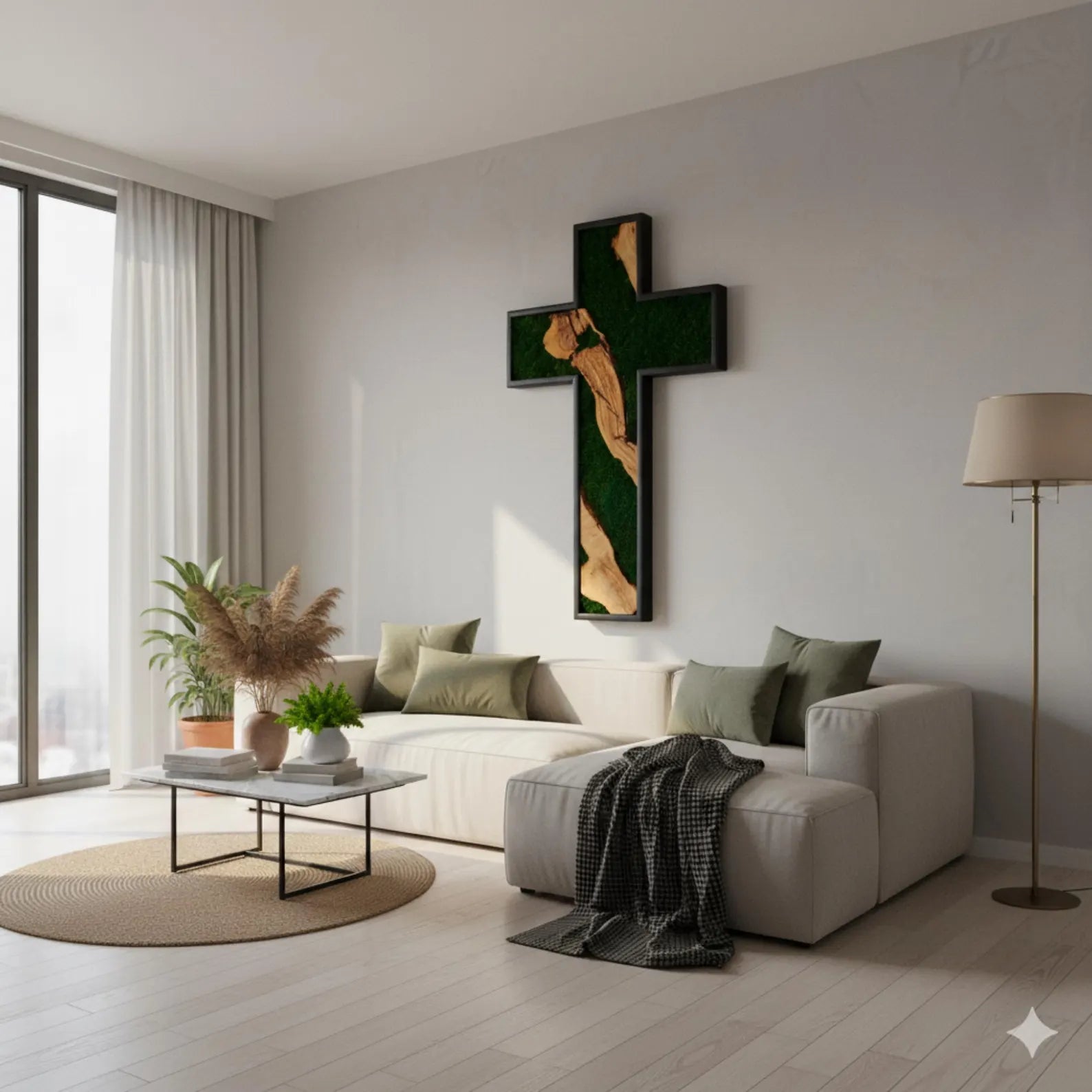 Handmade Olive Wood & Moss Cross Wall Art – Christian Wall Decor, Religious Home Decoration, Natural Wooden Cross with Preserved Moss