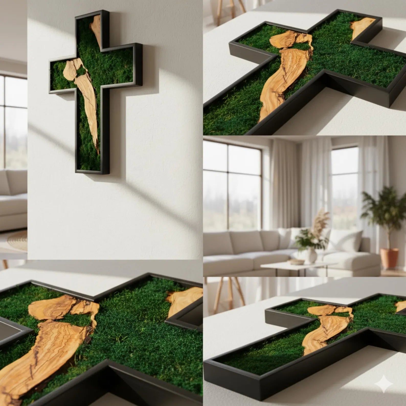 Handmade Olive Wood & Moss Cross Wall Art – Christian Wall Decor, Religious Home Decoration, Natural Wooden Cross with Preserved Moss