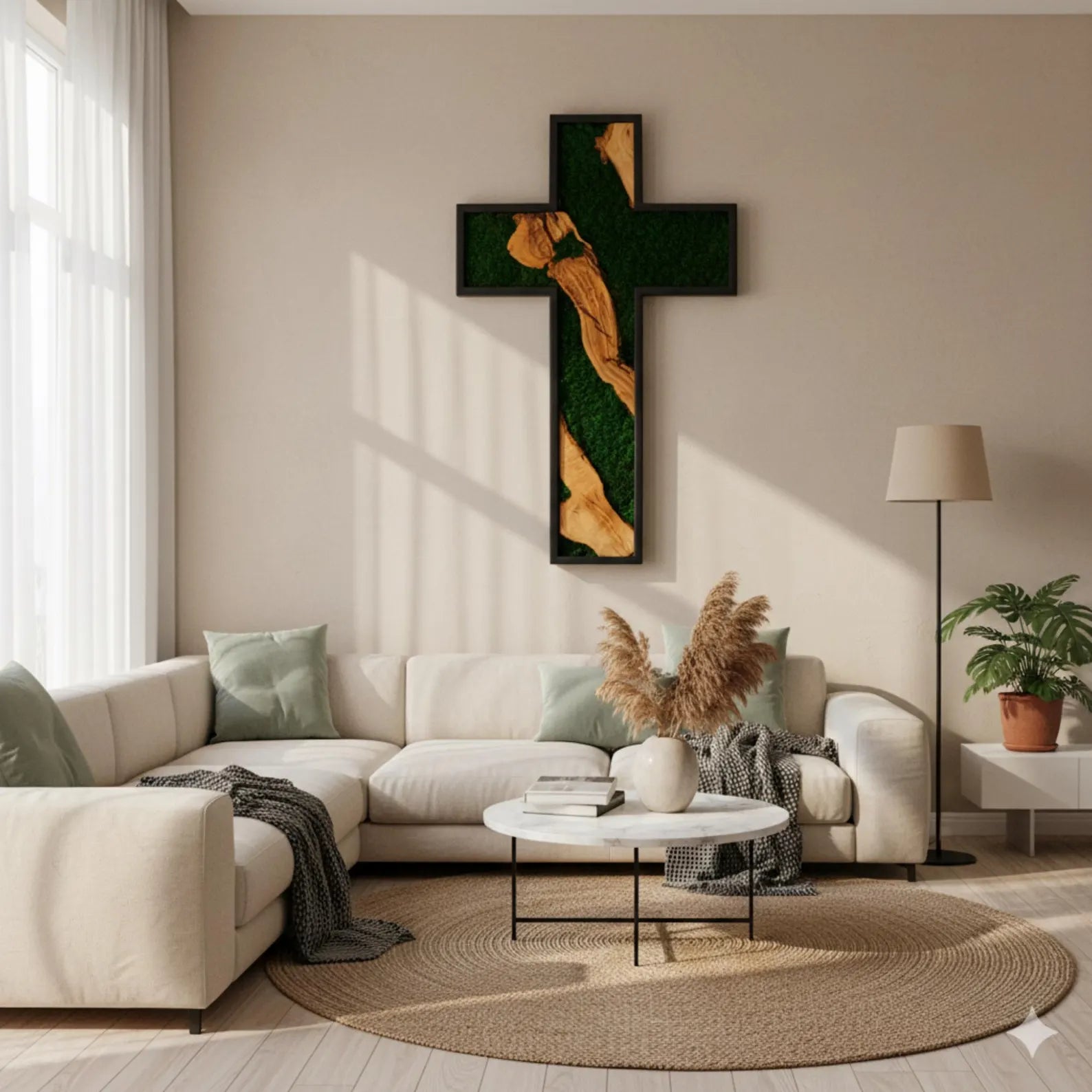 Handmade Olive Wood & Moss Cross Wall Art – Christian Wall Decor, Religious Home Decoration, Natural Wooden Cross with Preserved Moss