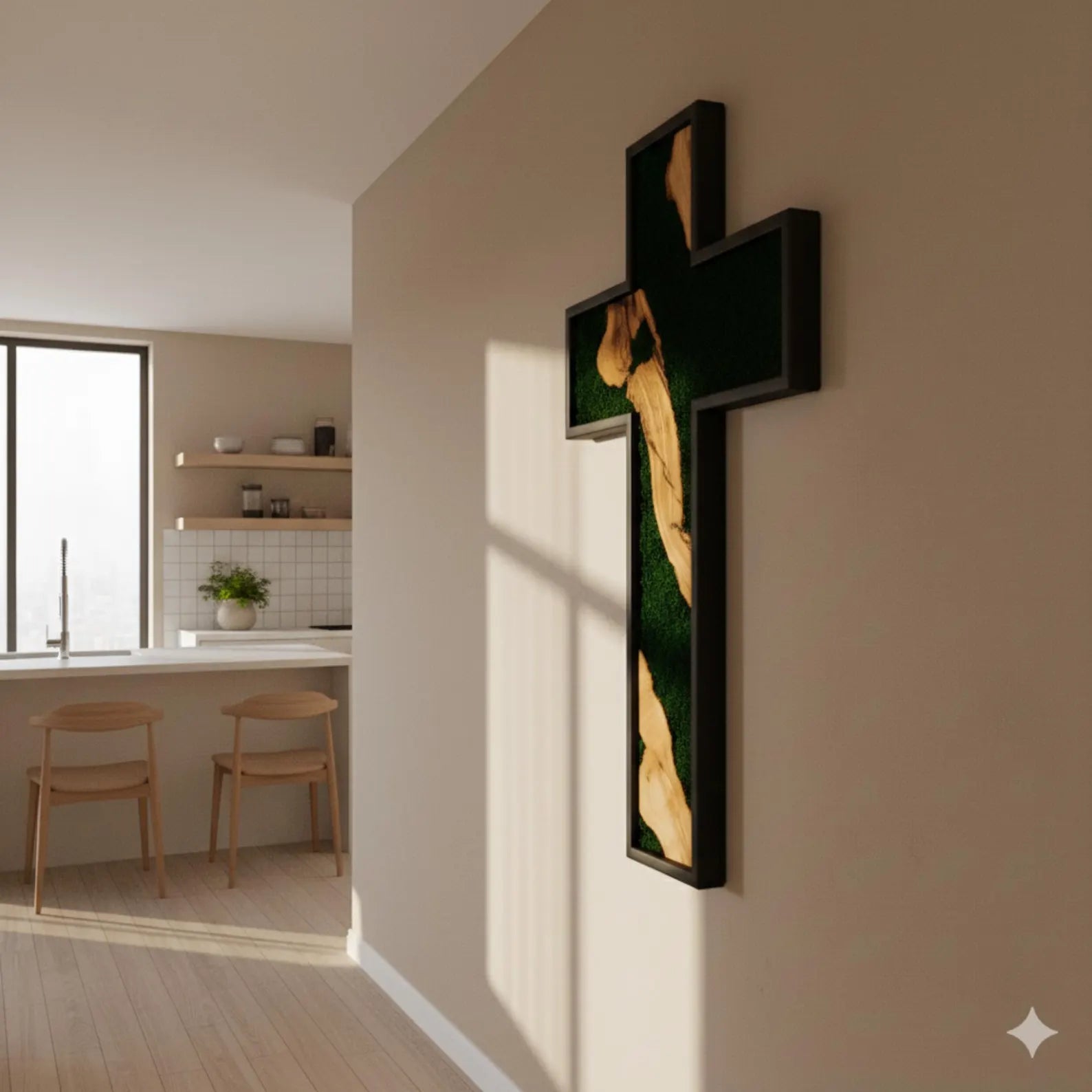Handmade Olive Wood & Moss Cross Wall Art – Christian Wall Decor, Religious Home Decoration, Natural Wooden Cross with Preserved Moss